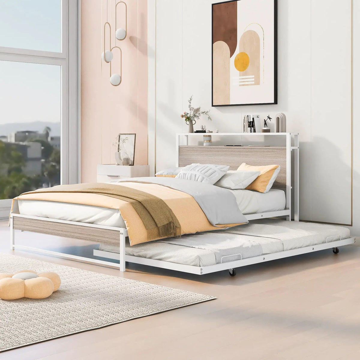 Platform Bed Frame With Trundle | USB Ports | Slat Support | Metal And Wood Build