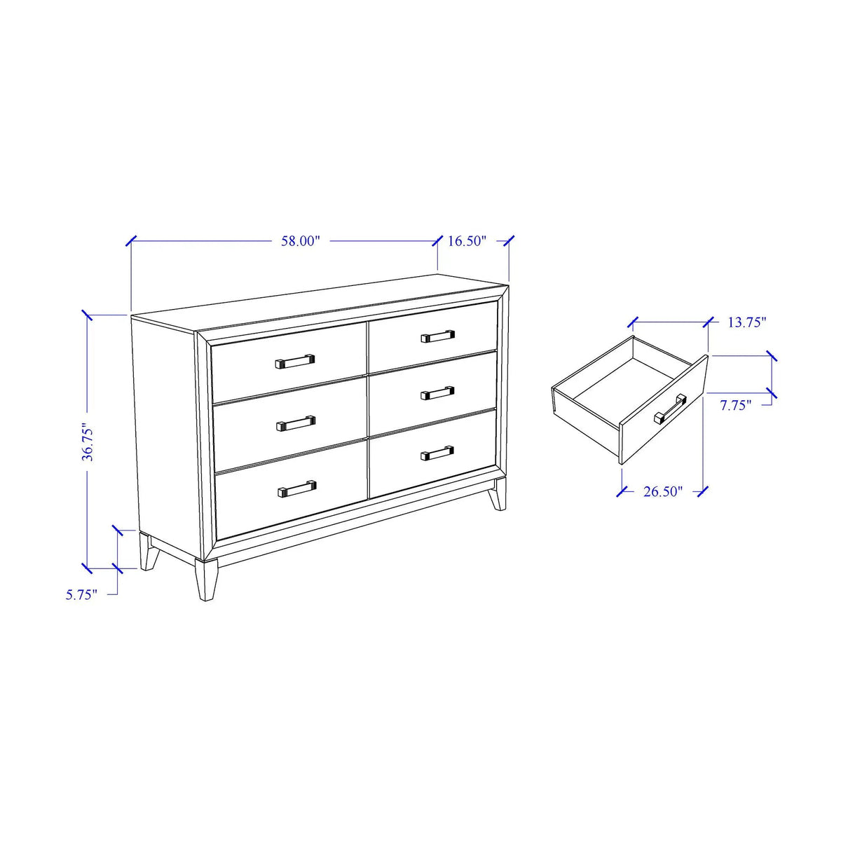 Mirage Dresser | Six Spacious Drawers | Sleek Finish | 58 Inch Width