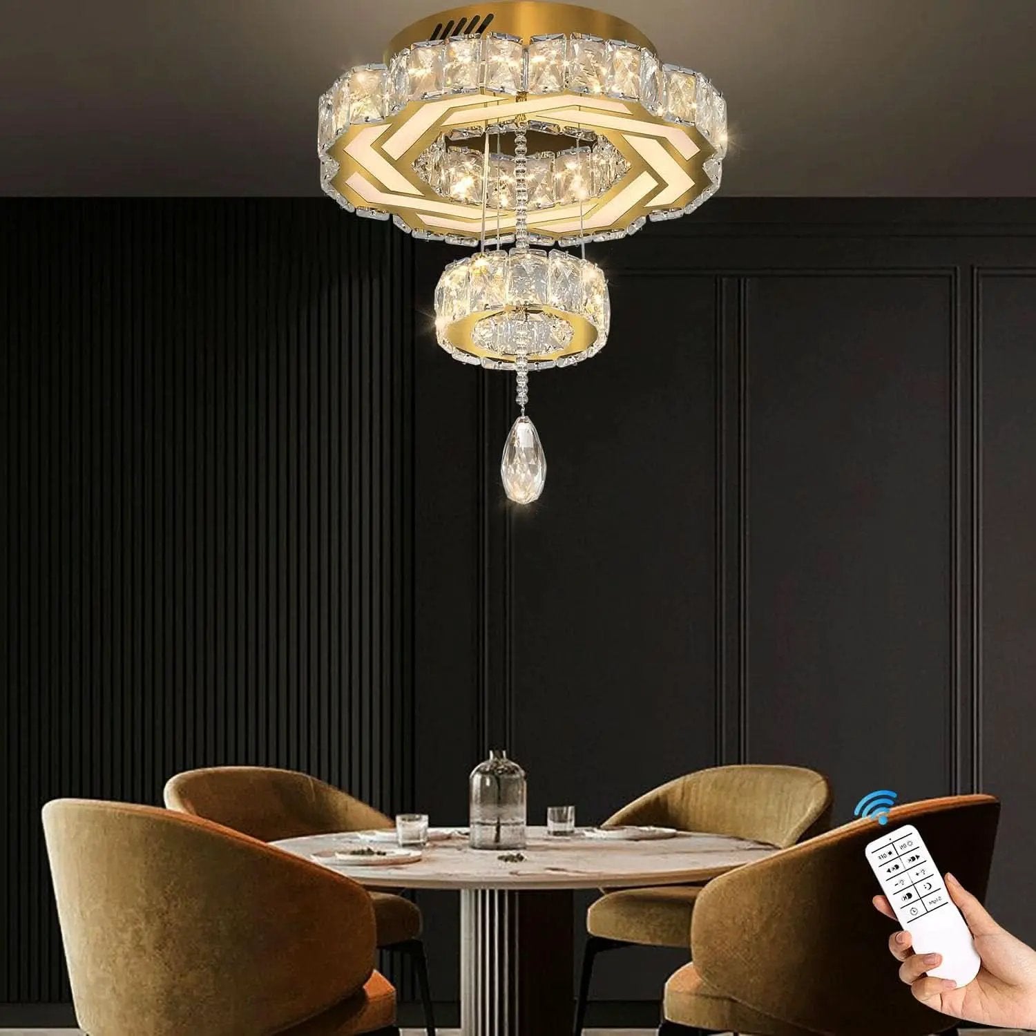 Gold Crystal Chandelier 12 Inch Dimmable Flush Mount from PriceLows™