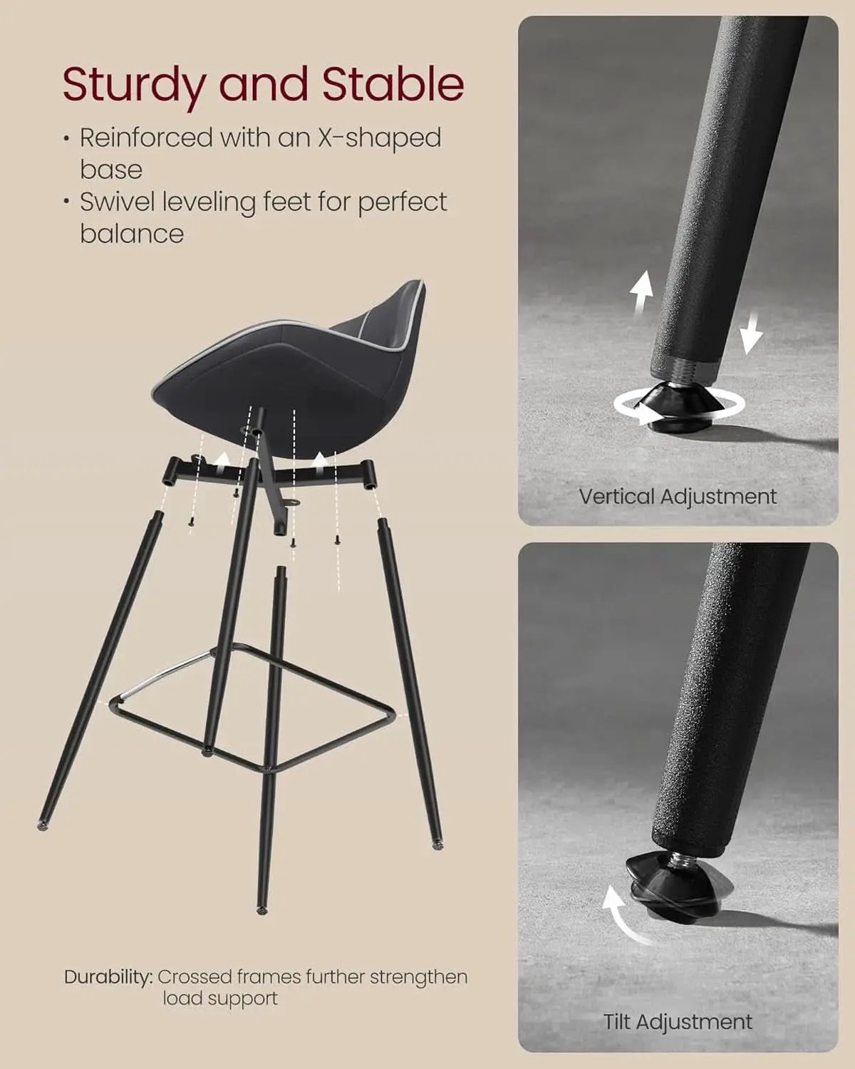 Bar Stools Set Of 2 Ink Black Synthetic Leather Bar Height Back Ergonomic from PriceLows™