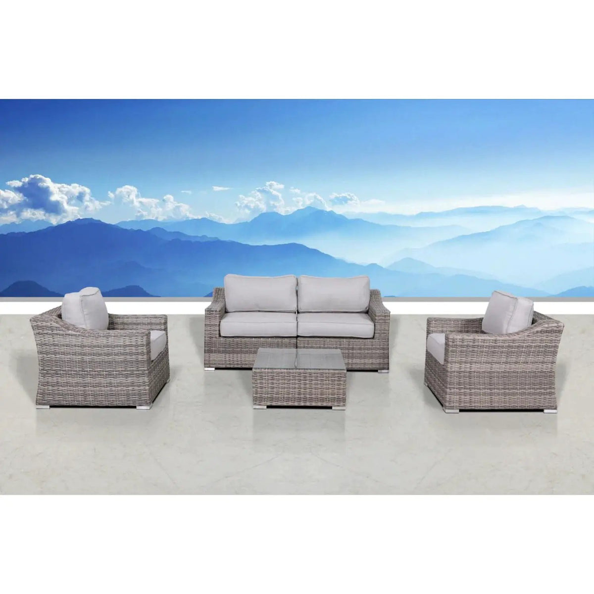 Outdoor Wicker Conversation Set | All-Weather Resin | Tempered Glass Table | 5 Inch Cushions