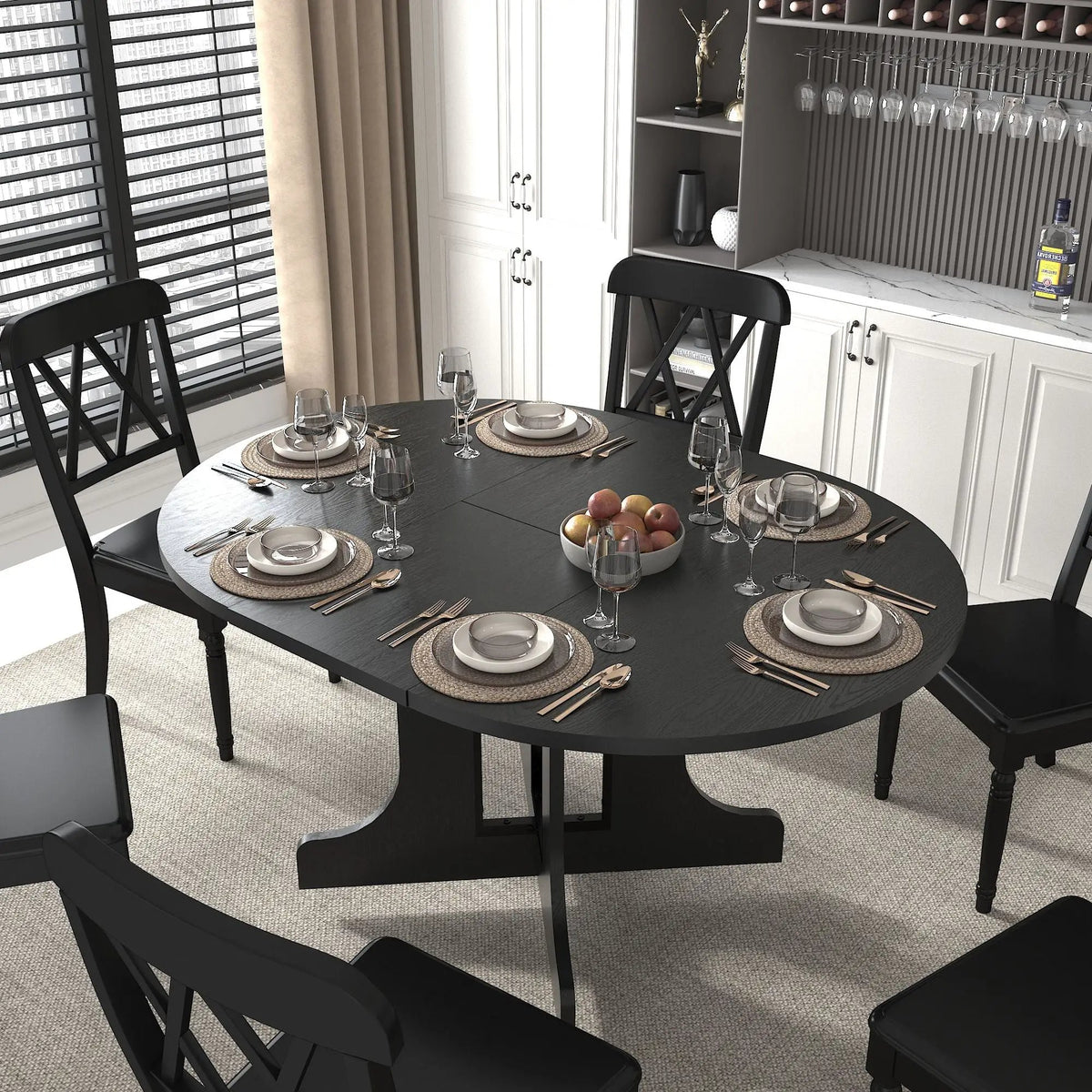 Expandable Farmhouse Dining Table | 59 Inch Width | Removable Leaf | Trestle X-Shaped Base