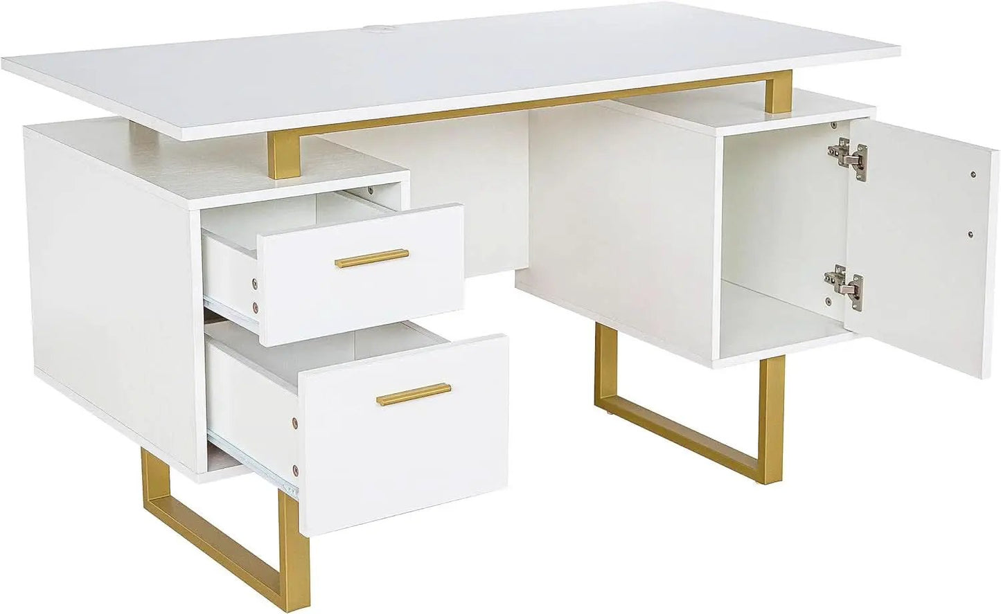 51 Inch White And Gold Desk With Storage Cabinet Drawers from PriceLows™
