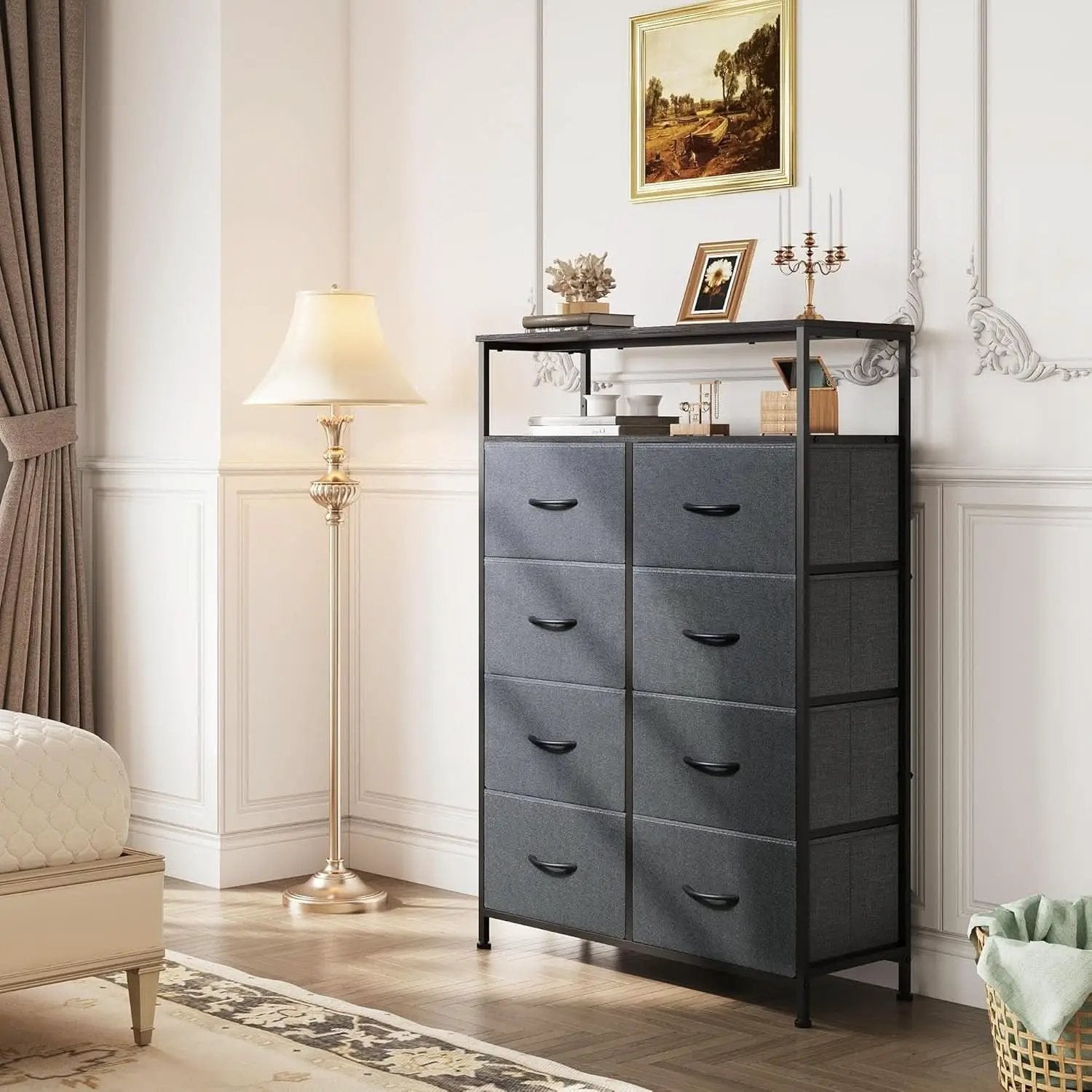 Charcoal Gray Fabric Dresser With Shelves And 8 Drawers from PriceLows™