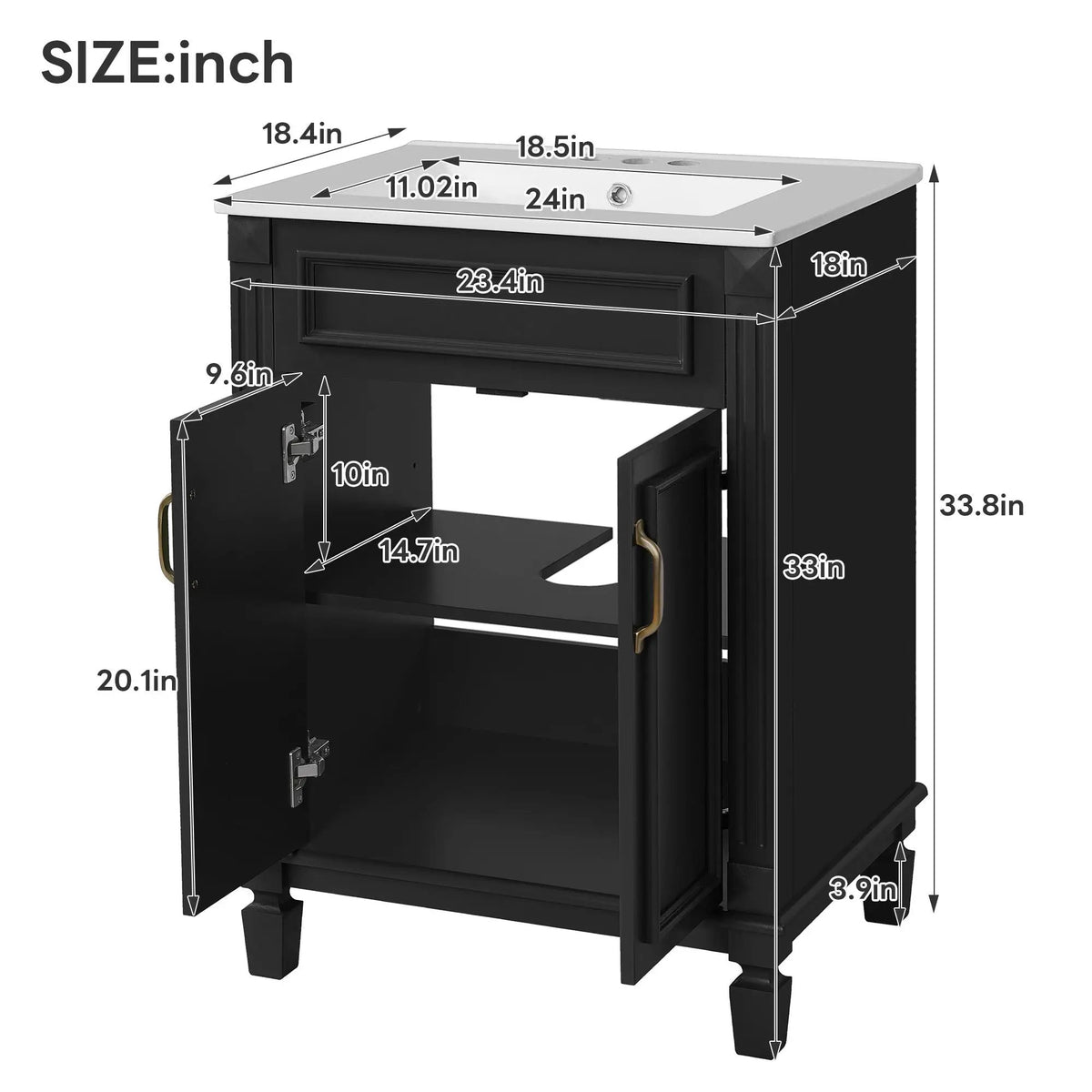 24 Inch Bathroom Vanity With Top Sink | Rubberwood Frame | 2 Soft Closing Doors | Glossy Ceramic Basin