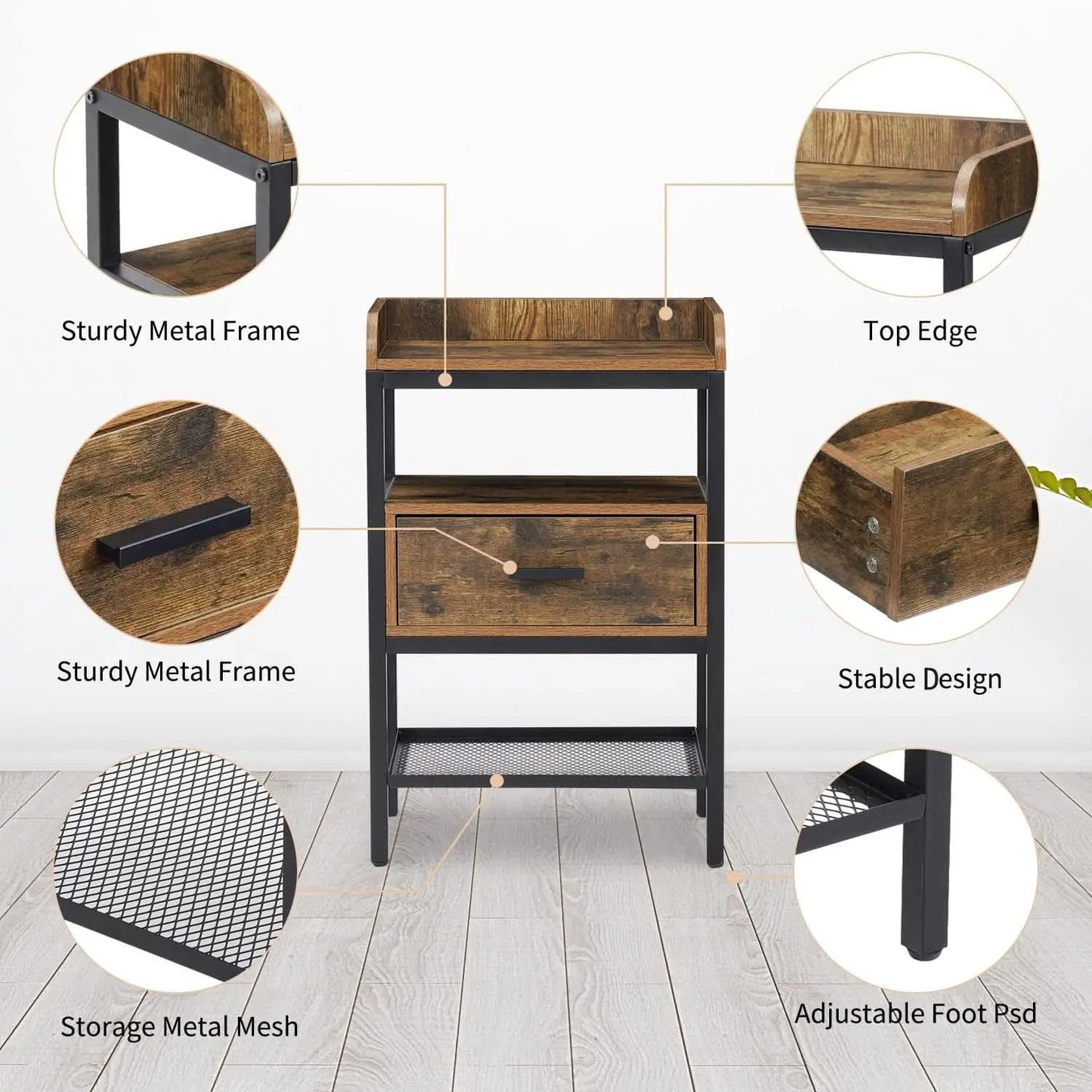 Industrial Three Tier Nightstand Set With Wood Grain Finish from PriceLows™