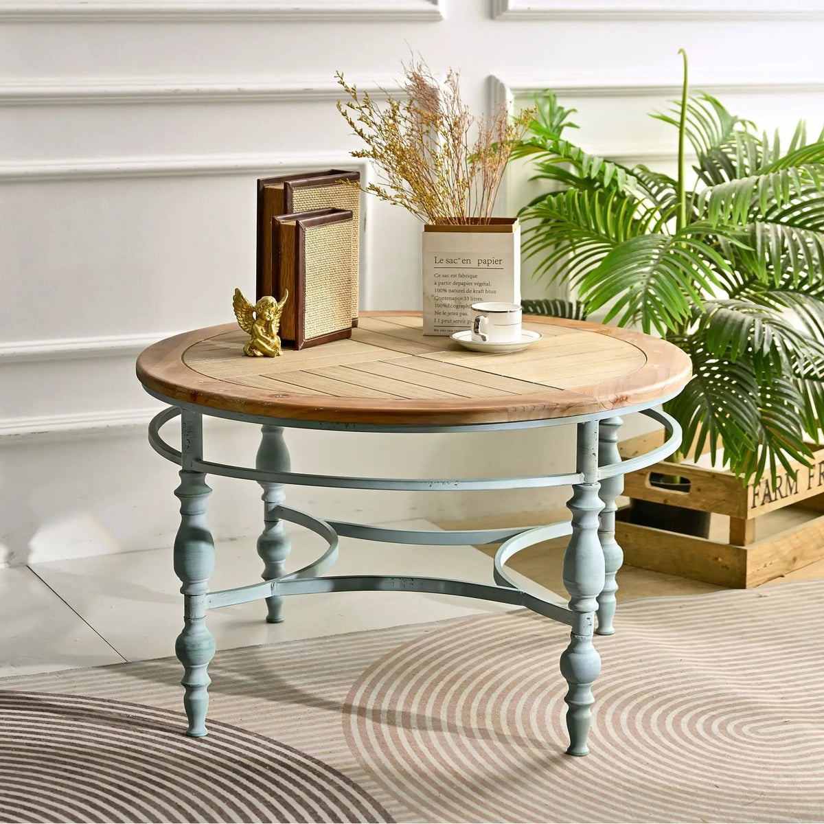 Round Carved Top Coffee Table | 31.5 Inch Diameter | Detachable Metal Legs | Easy Assembly