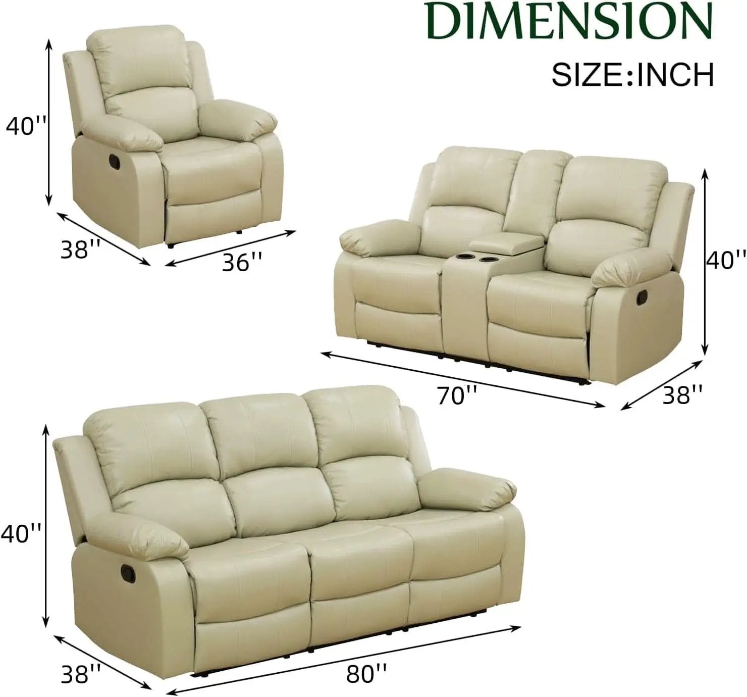 Beige Leather Recliner Sofa Set With Storage And Cup Holder from PriceLows™