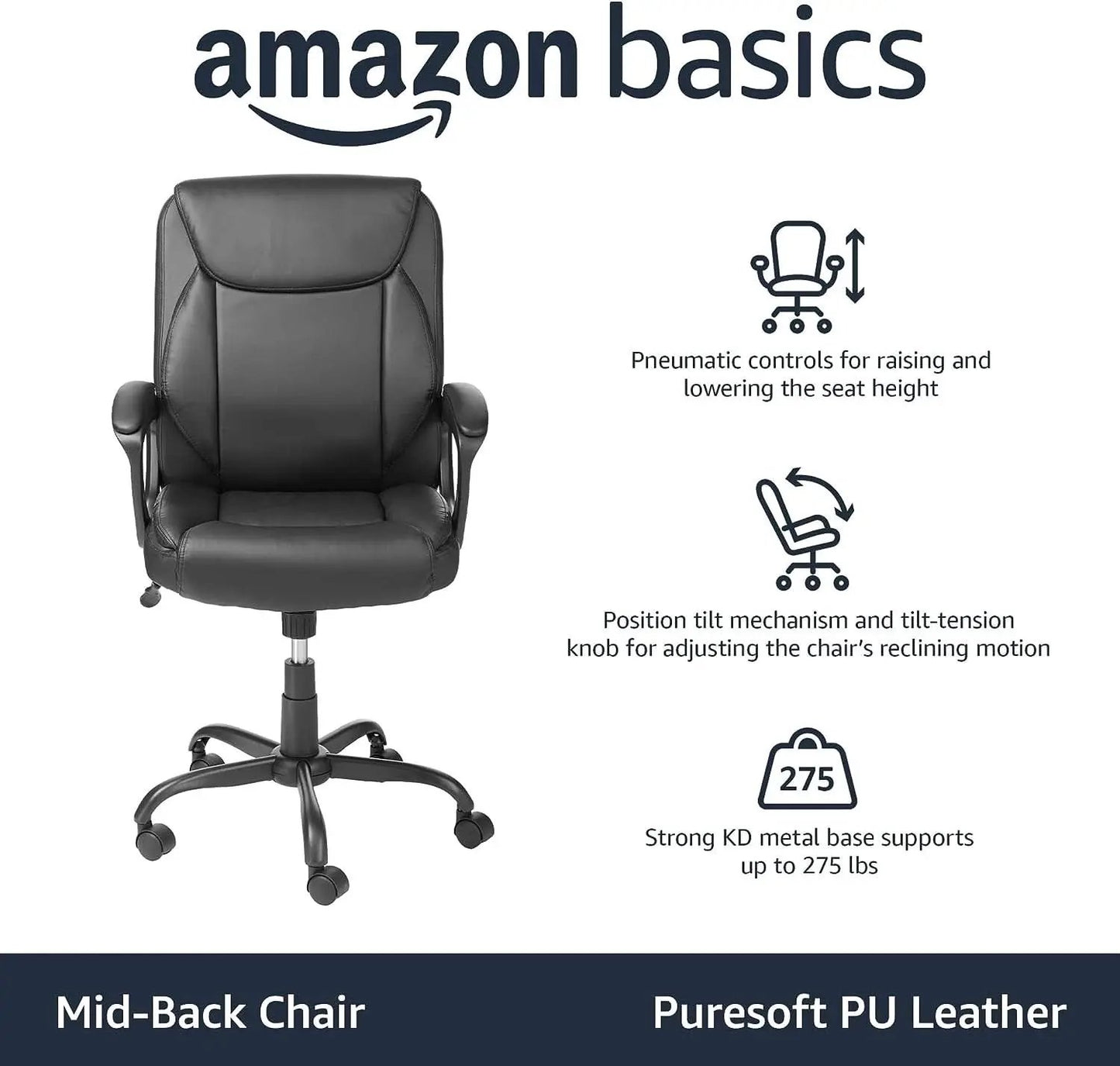 Black PU Mid-Back Office Chair Height Adjustable Ergonomic from PriceLows™