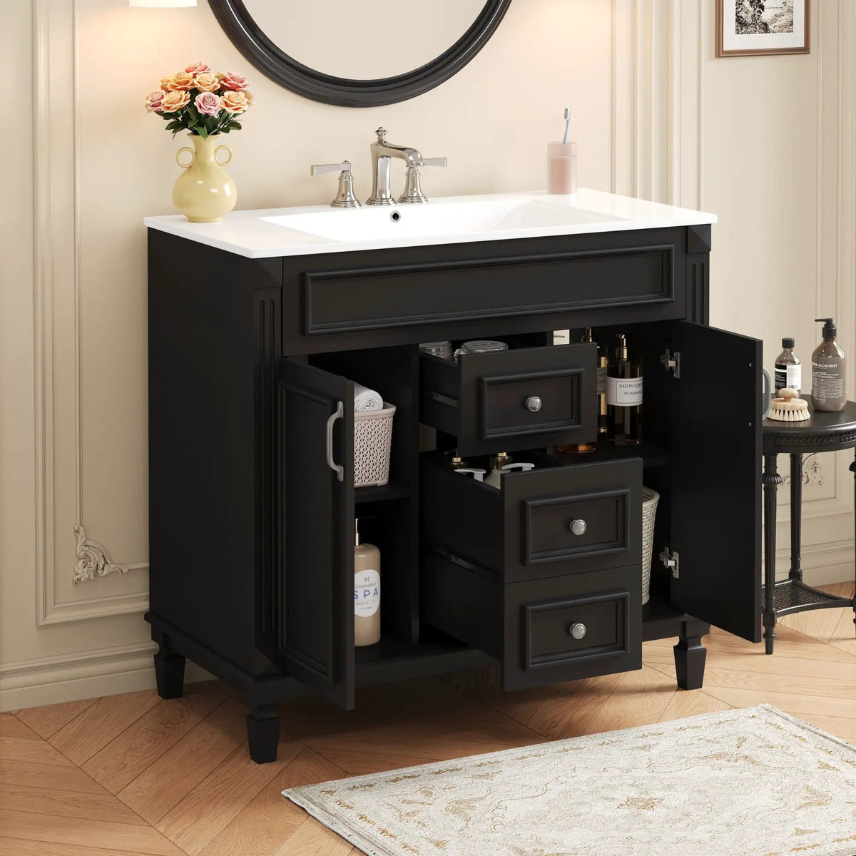 36 Inch Bathroom Vanity With Top Sink | Basin On Cabinet | 2 Soft Closing Doors | 2 Drawers