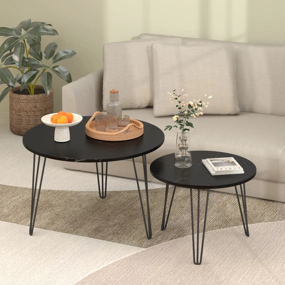 Round Nesting Coffee Table | Faux Marble Top | Steel Base | Set Of 2