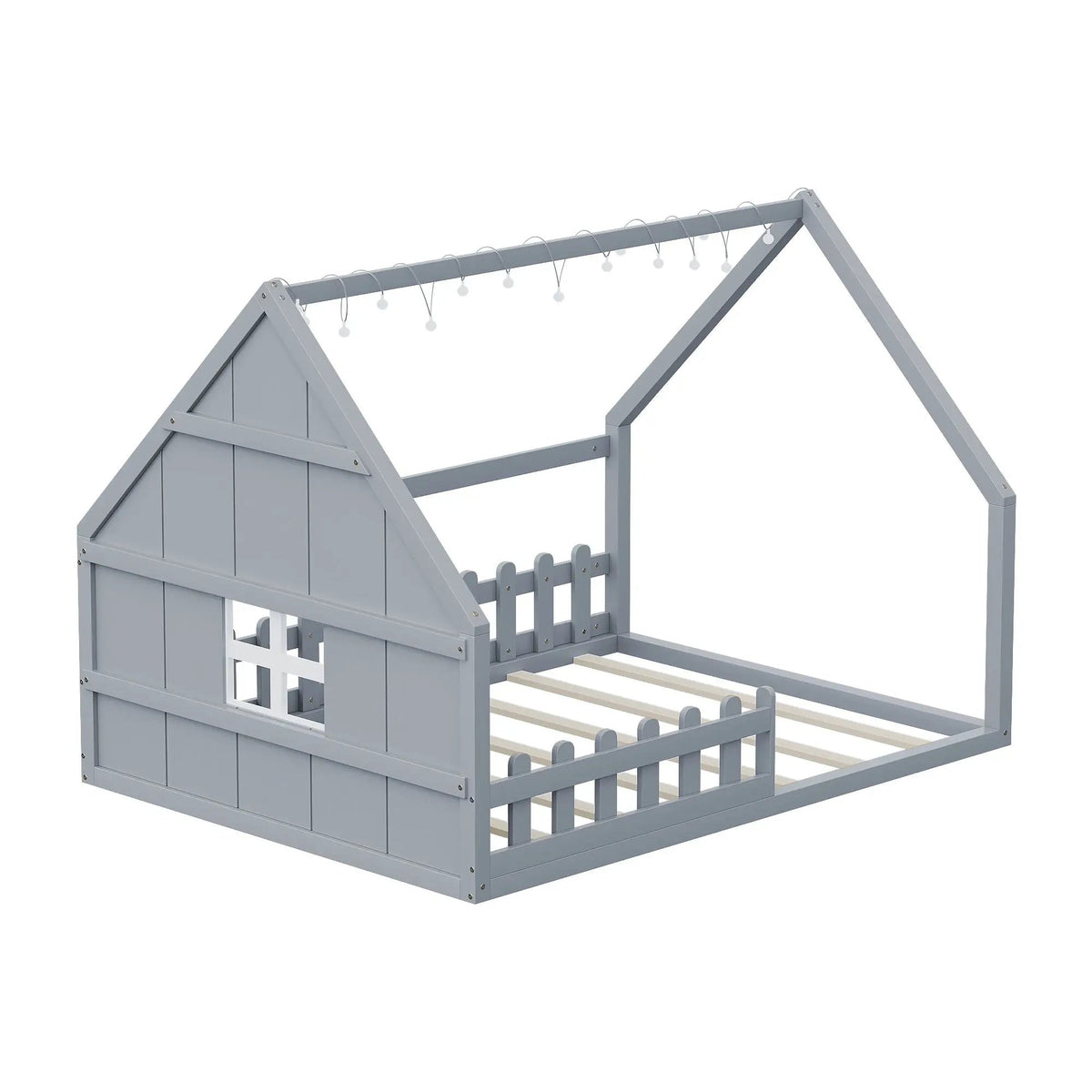 Platform House Bed | Window And Fence Design | Solid Pine Wood | Built-In LED Light