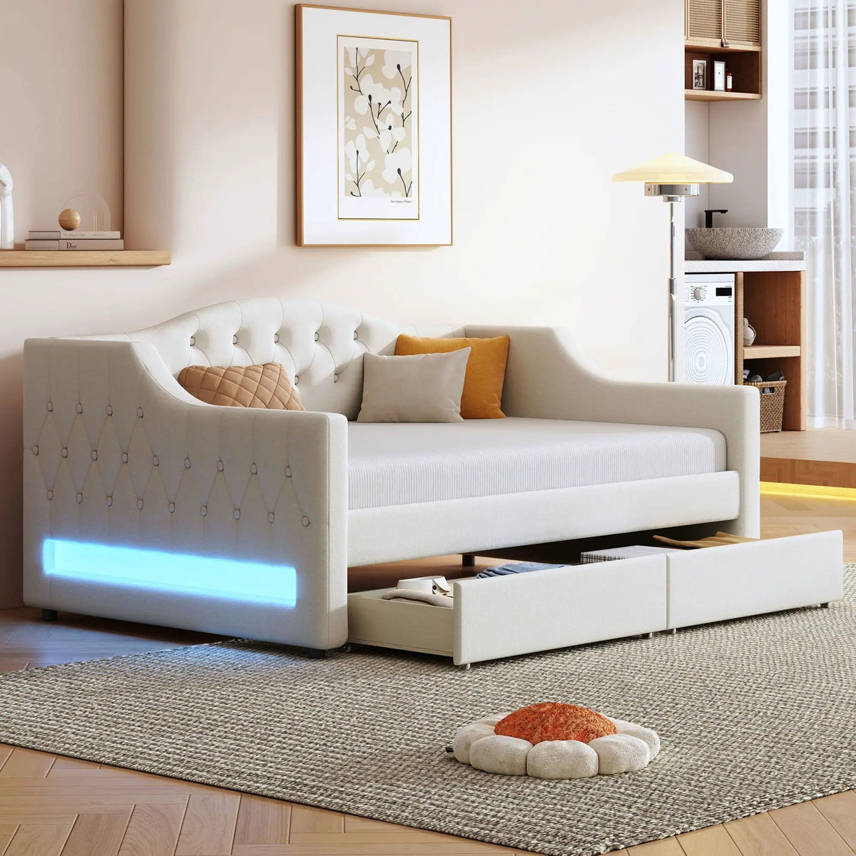 Daybed With LED Lights | Upholstered Trundle Daybed | Thickly Padded Sponge | 84 Inch Length