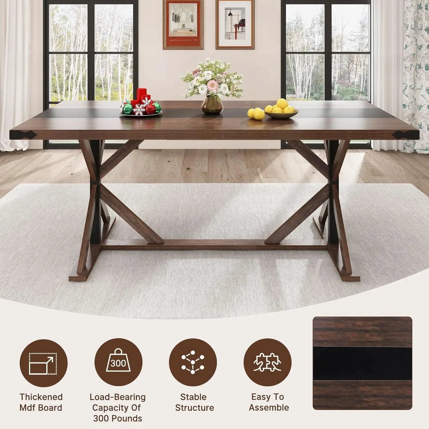 71 Inch Farmhouse Dining Table Waterproof Wood Grain Top from PriceLows™