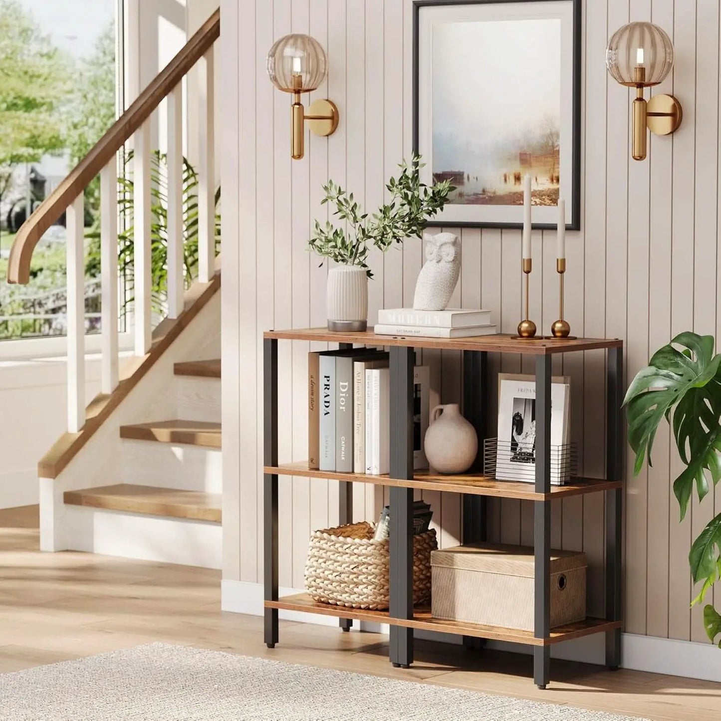 Six Tier Tall Bookshelf Narrow Rustic Brown Bookcase from PriceLows™