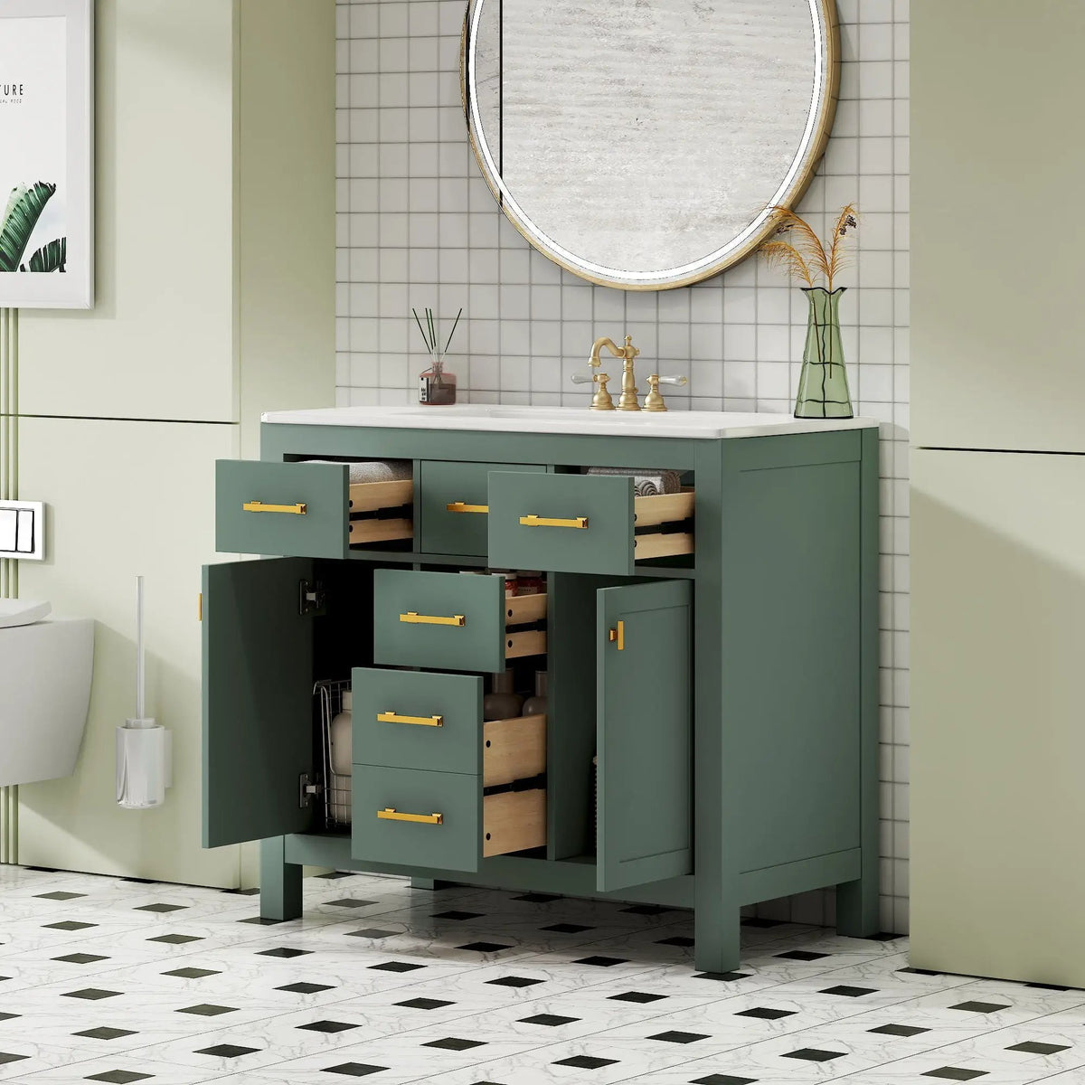 36 Inch Bathroom Vanity | Resin Sink Combo Set | 4 Drawers | Solid Wood Feet