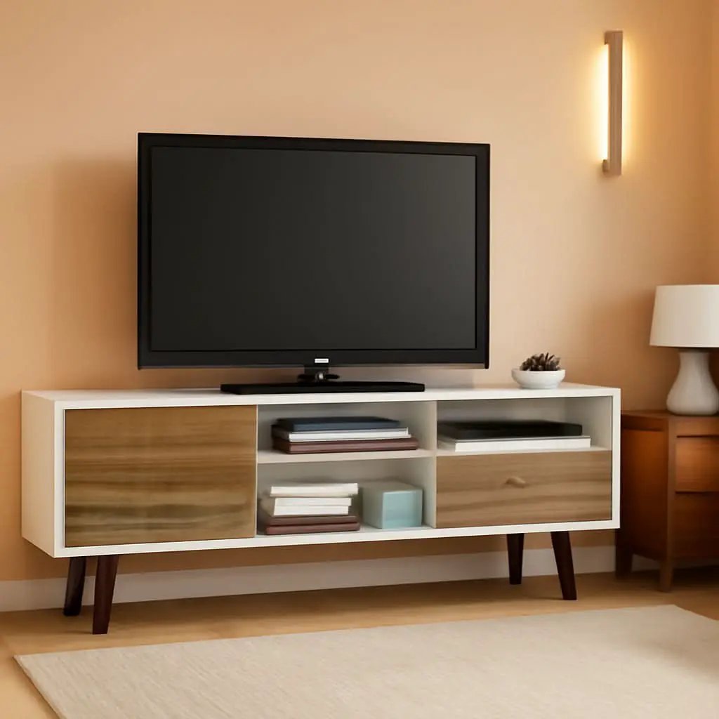 Mid Century TV Stand Solid Wood With Shelves And Cabinet from PriceLows™