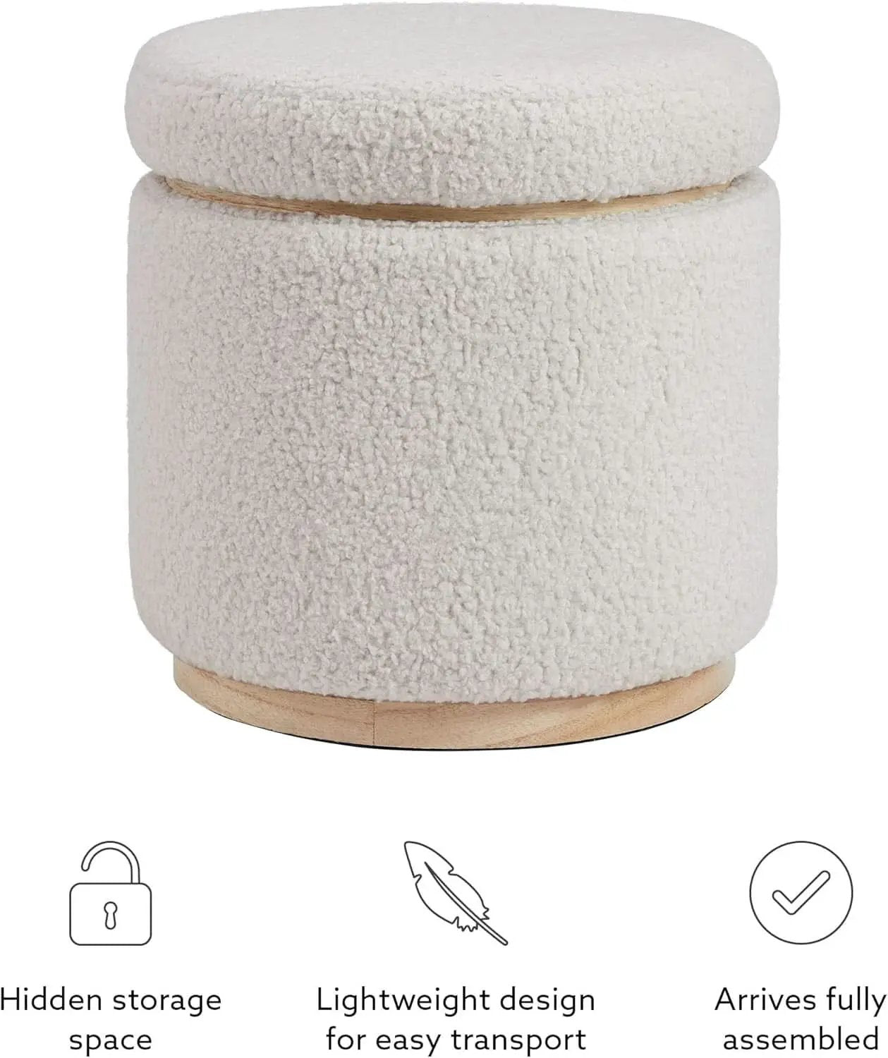 Cream Sherpa Deluxe Storage Ottoman Solidwood Base from PriceLows™