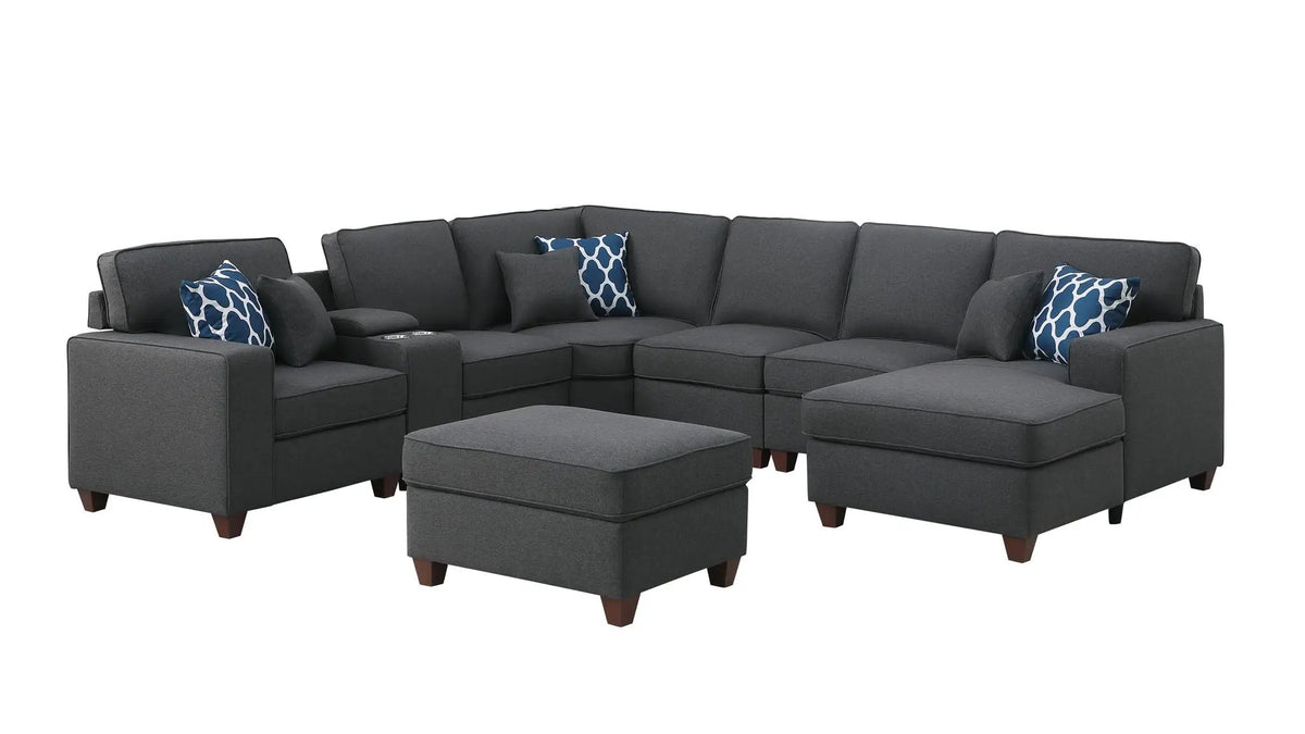 Tina 8-Piece Sectional | Upholstered Design | Ottoman Included | USB Cupholder Console