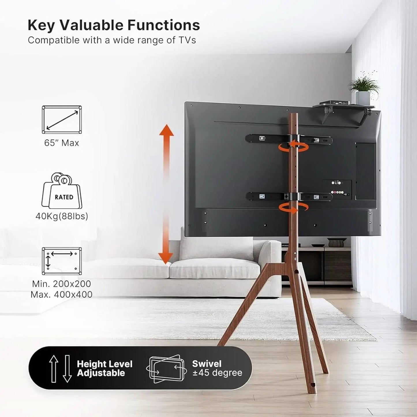 Wood Easel TV Stand For 45 To 65 Inch TVs Walnut Floor from PriceLows™