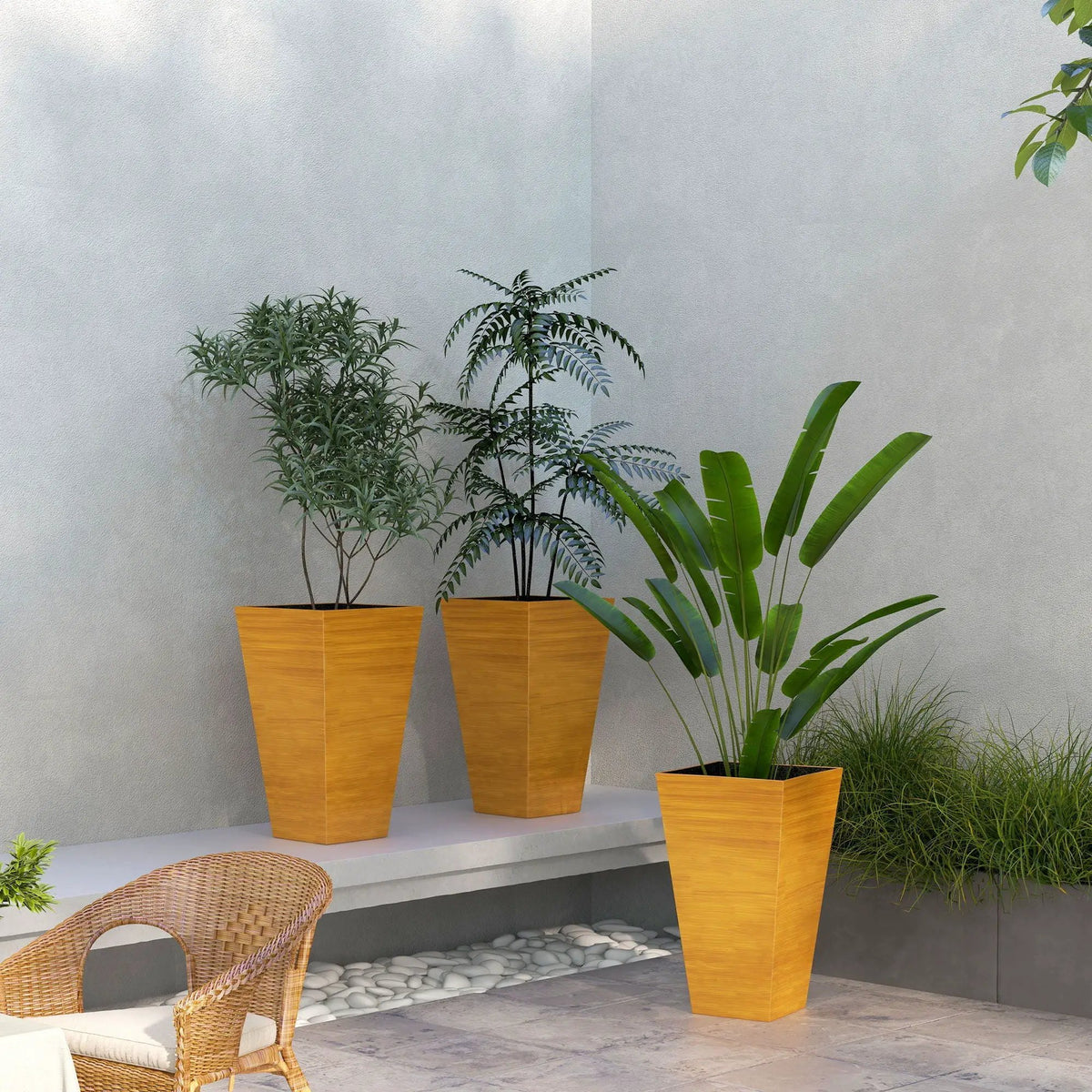 Outsunny Tapered Outdoor Planters | Set Of 3 | Faux Wood Grain Look | Drainage Holes And Plug