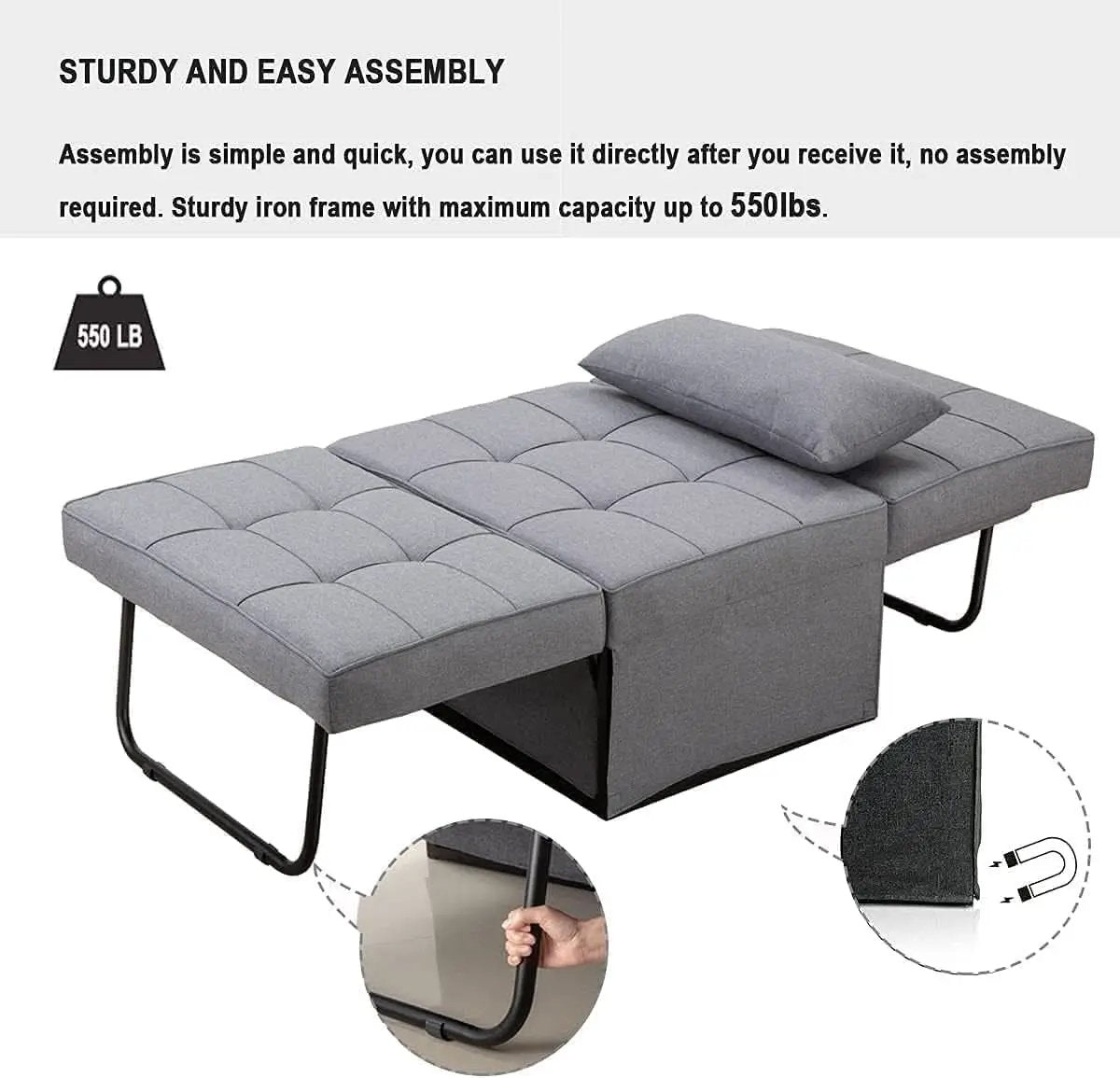 Light Grey Contemporary Convertible Sofa Bed Ottoman from PriceLows™