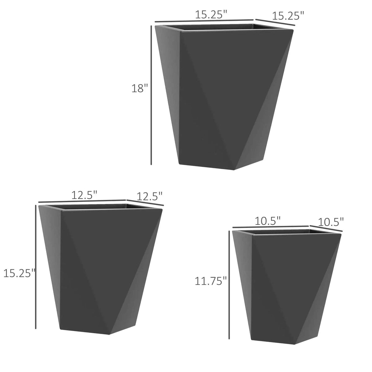 Outsunny 18", 15.25", 11.75" Tall Planters (Set of 3), Indoor Outdoor Planters With | 15.25 x 15.25 x 18 in | Outdoor Living Furniture | Gray
