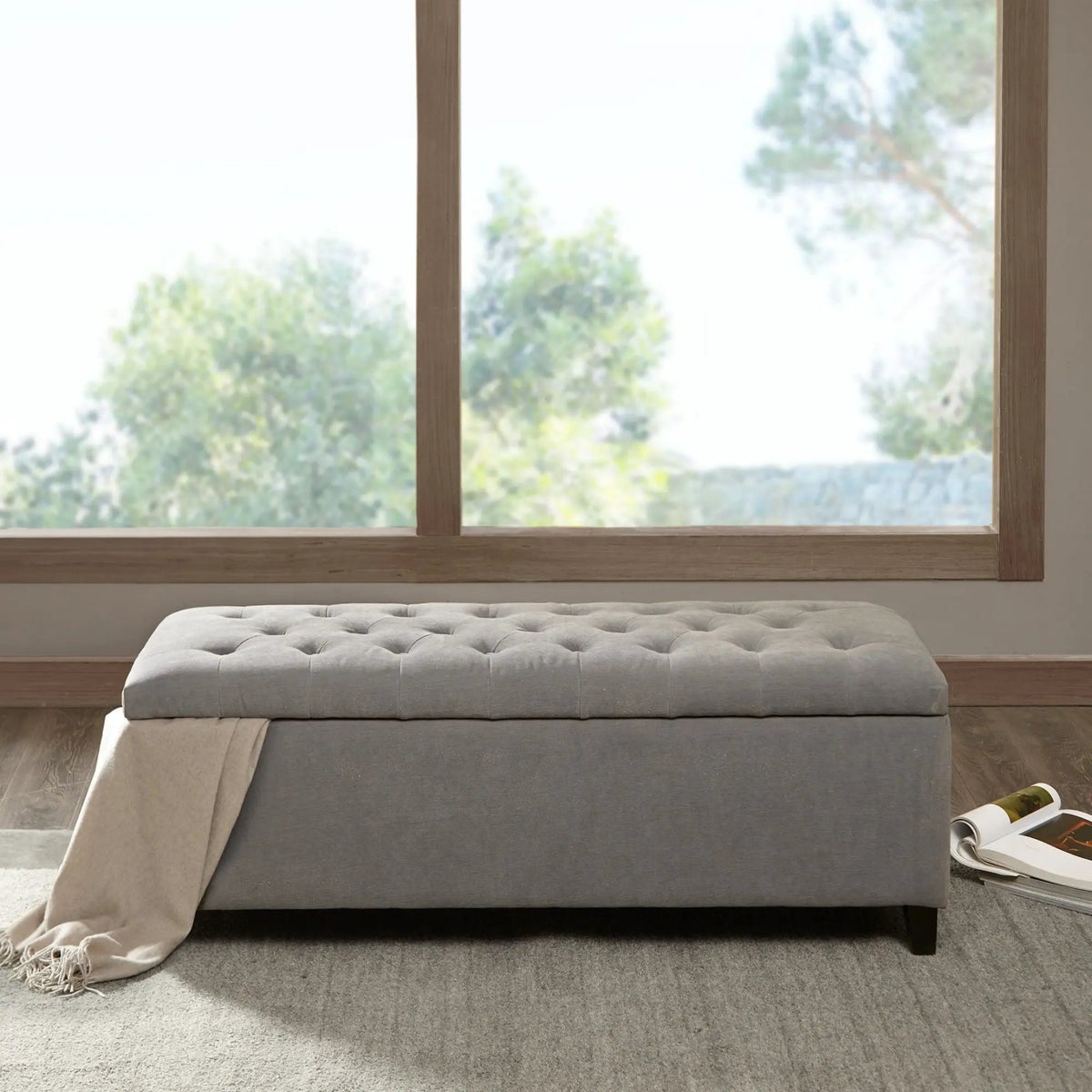 Tufted Soft Close Storage Bench | Button Tufted Top | Solid Wood Legs | 49 Inch Width