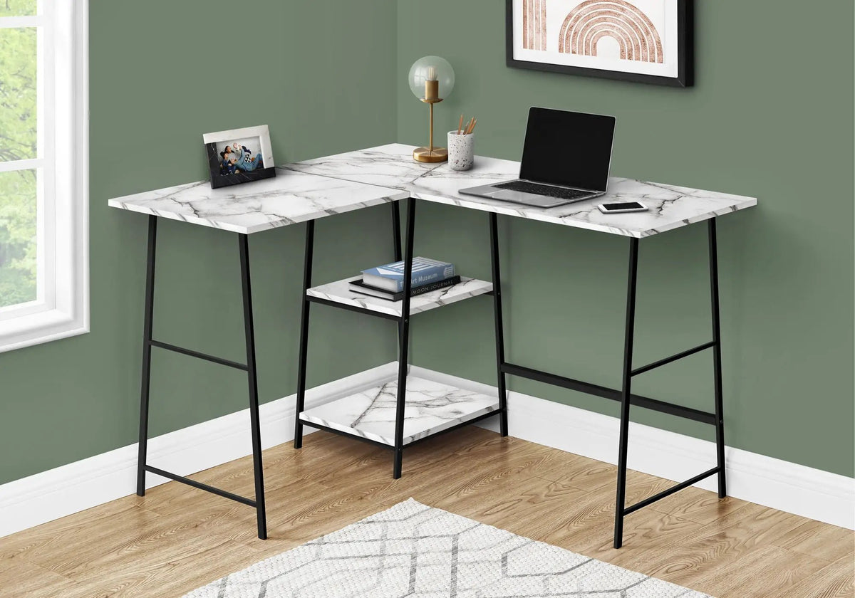 Marble Look L-Shaped Corner Desk | 47.25 Inch Width | 2 Open Shelves | Sawhorse Metal Legs