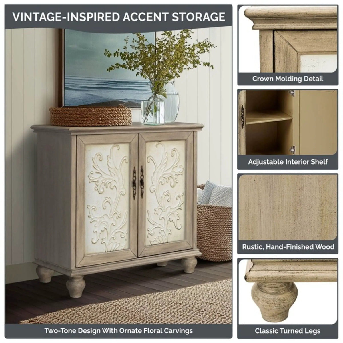 Driscoll 2 Door Cabinet | Carved Floral Front | Reclaimed Natural Finish | Magnetic Door Catches