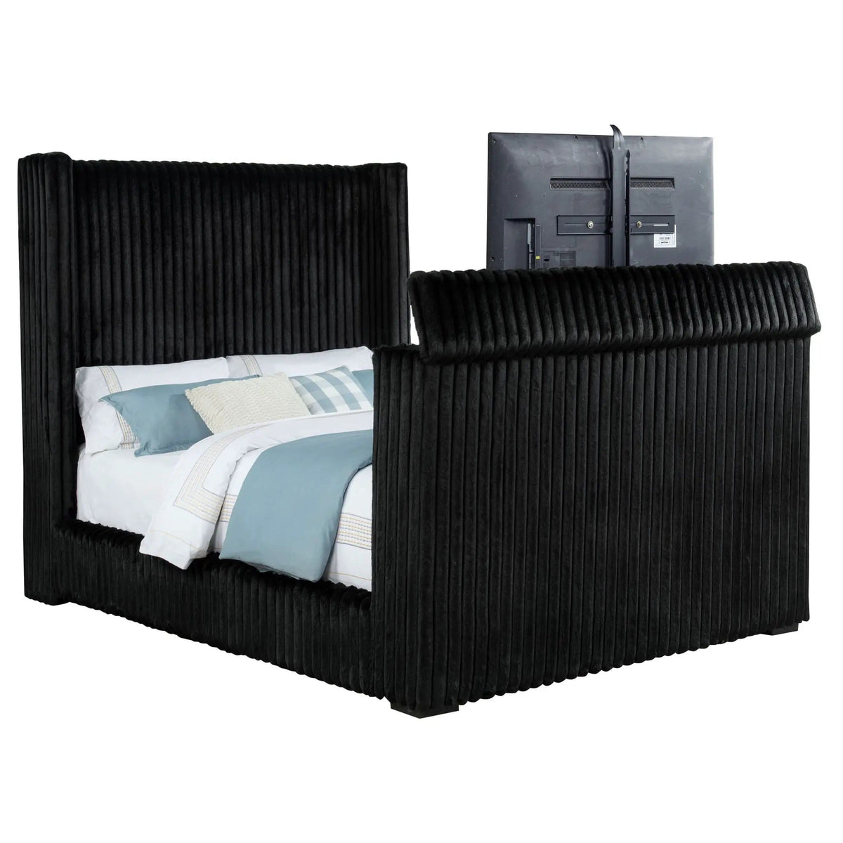 Centergrove Upholstered Queen Wingback TV Bed | 68.5 x 97.25 x 68 in | Velvet | Black