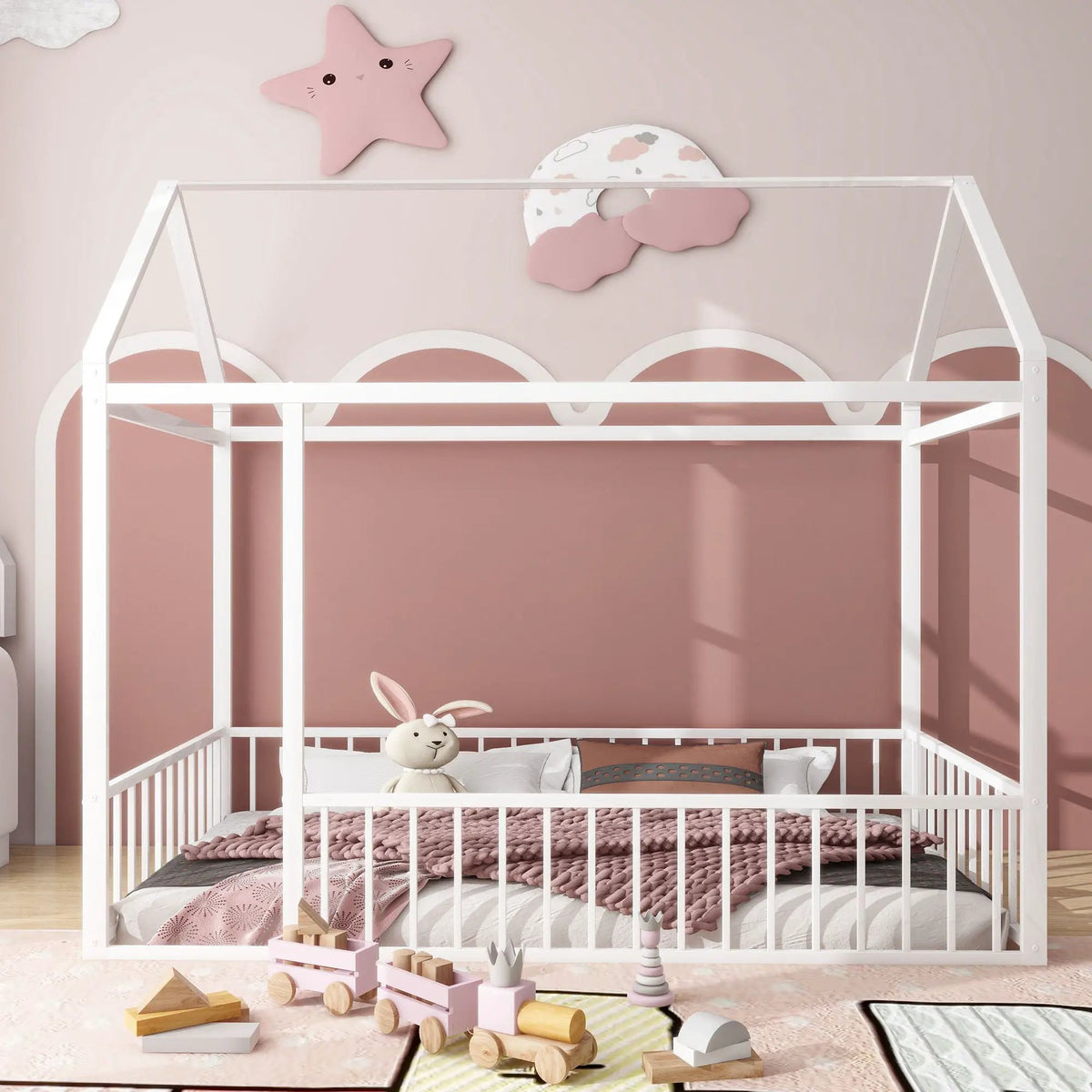 Kids Metal Bed Frame | Roof And Side Fence | Semi Enclosed Space | Three Colors