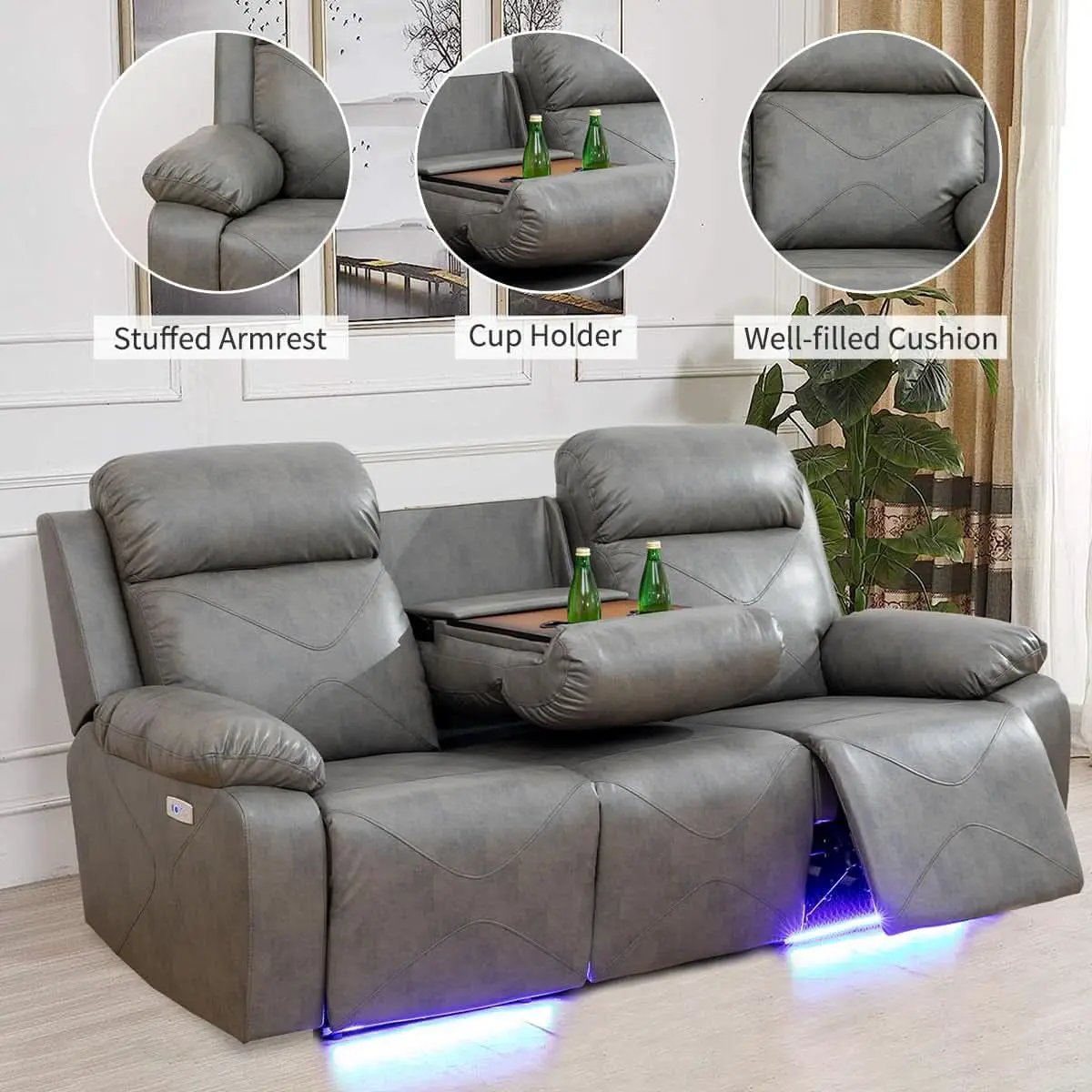 Power Recliner Sofa Set With LED Lights Grey Two Piece from PriceLows™
