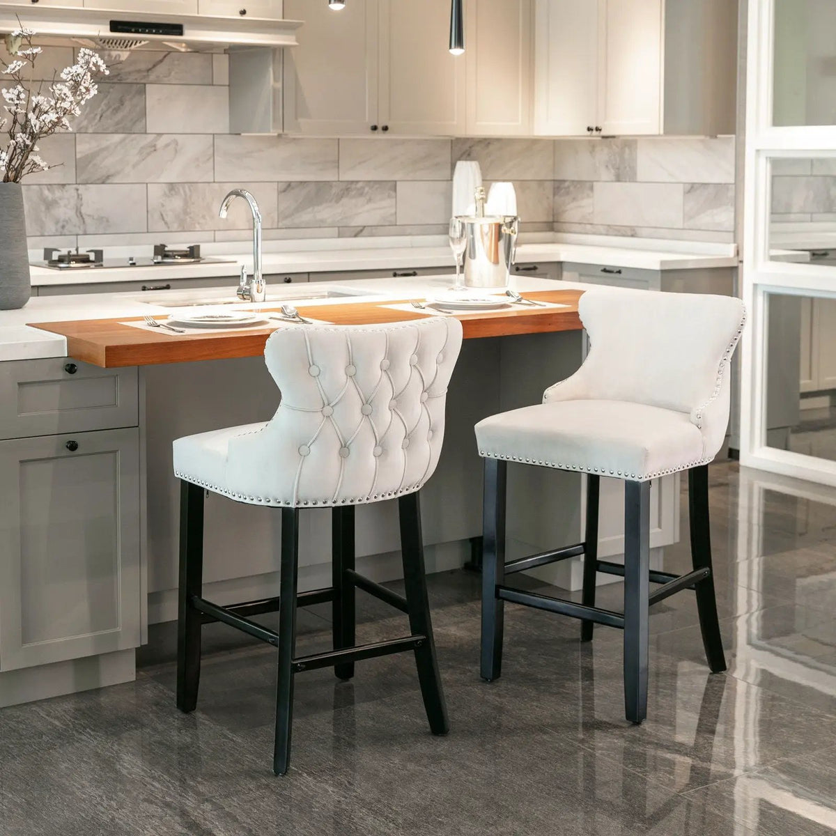 Wing-Back Barstools | Button Tufted Decoration | Wooden Legs With Nailhead Trim | Contemporary Upholstery