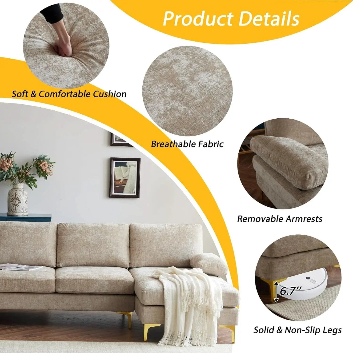 Convertible Sectional Sofa 110 Inch Camel U Shape from PriceLows™