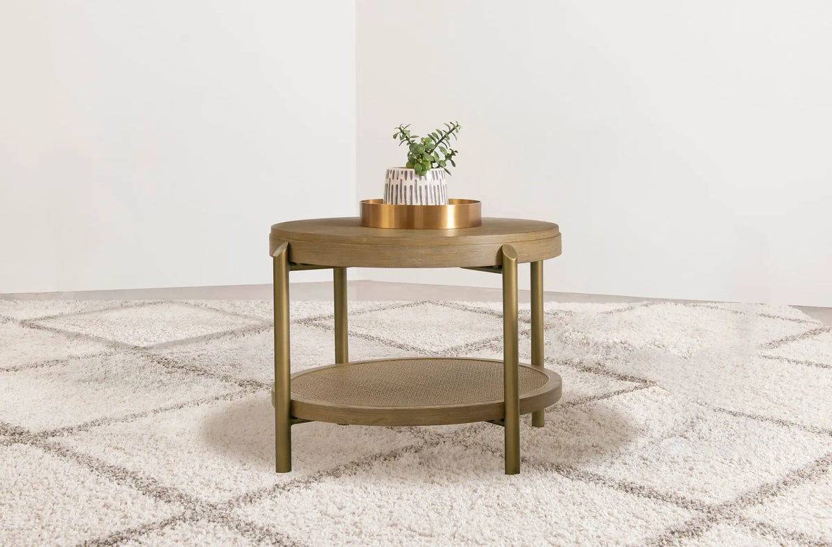 Arini Round End Side Table With Storage Shelf Sand Wash | 26.25 x 26.25 x 19.75 in | Rattan & Metal | Living Room