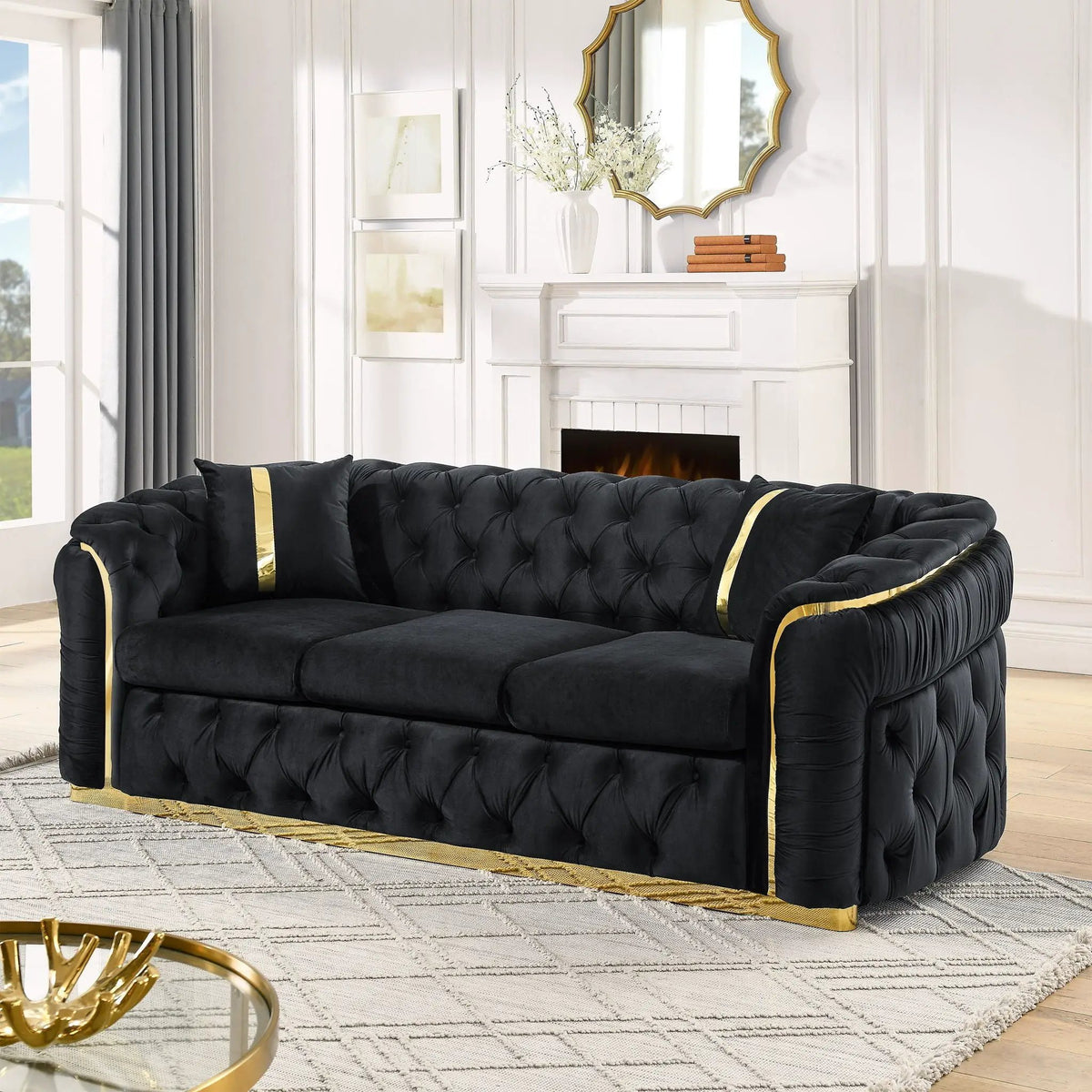 Button Tufted Chesterfield Sofa | 3 Seater | 2 Decorative Pillows | 90.6 Inch Length