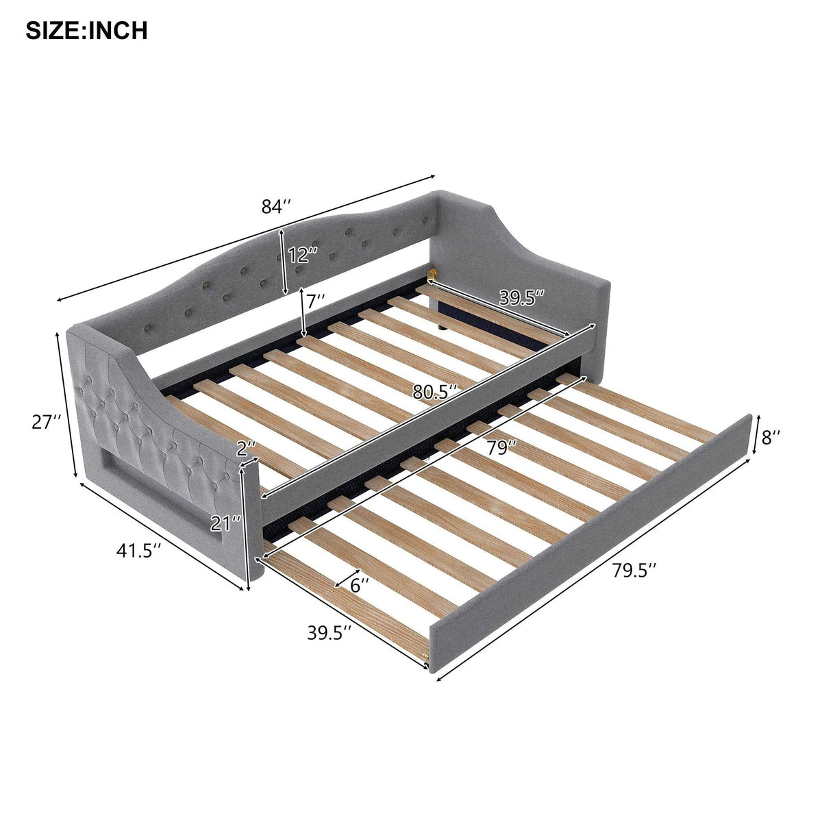 Daybed With LED Lights | Upholstered Trundle Daybed | Thickly Padded Sponge | 84 Inch Length
