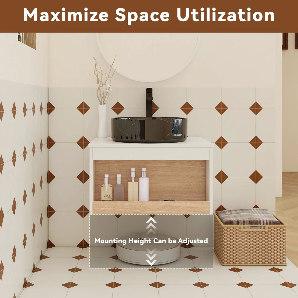 Wall Mounted Bathroom Vanity | Vessel Sink | Open Shelf Storage