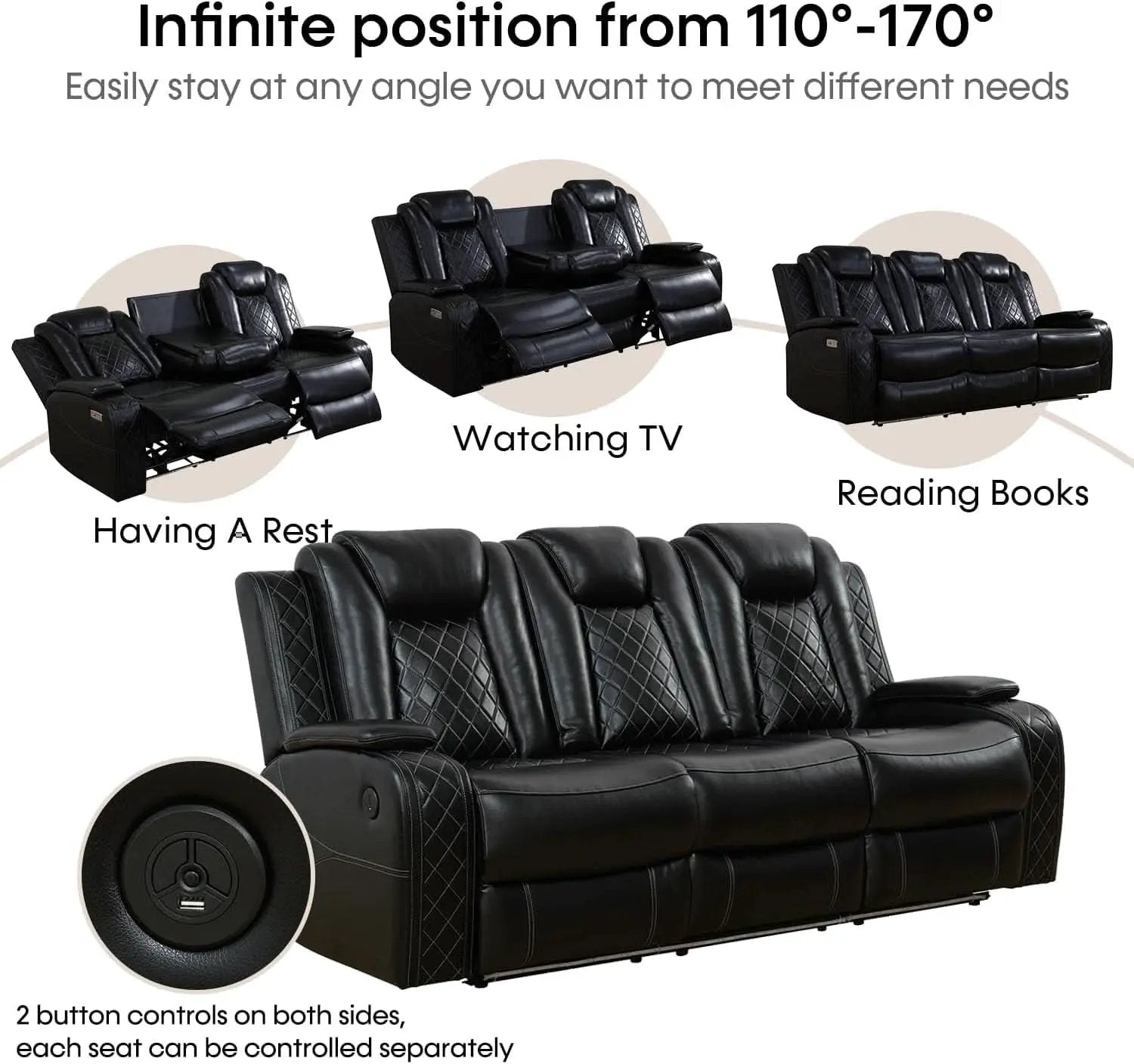 Black Leather Power Recliner Sofa Set With USB Ports from PriceLows™