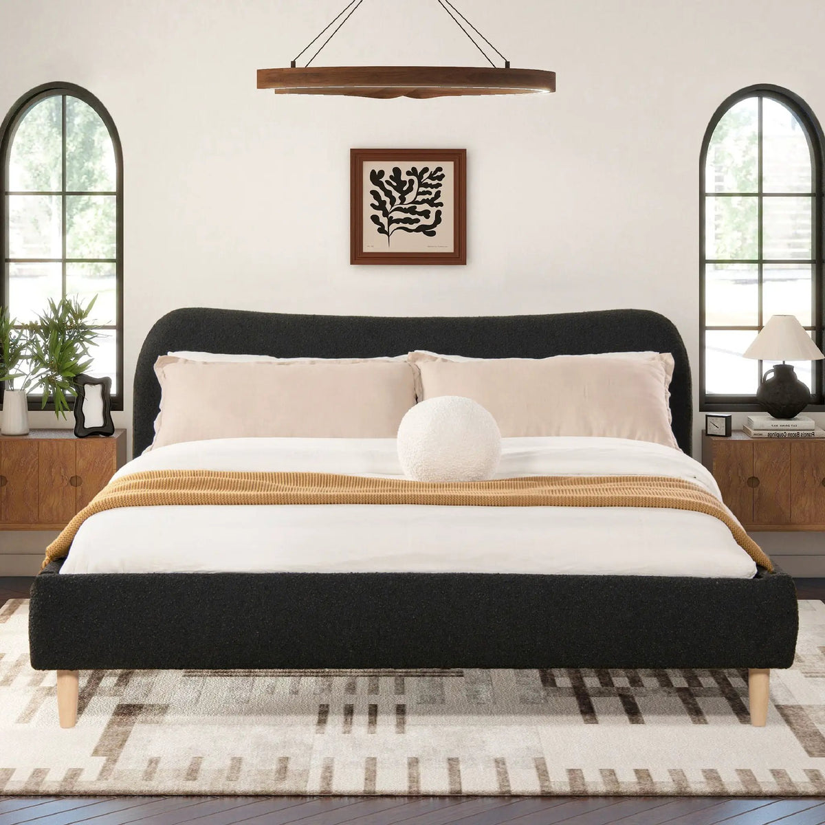 Roman Upholstered Platform Bed | Curved Headboard | Upholstered Rails | Eco-Friendly Construction