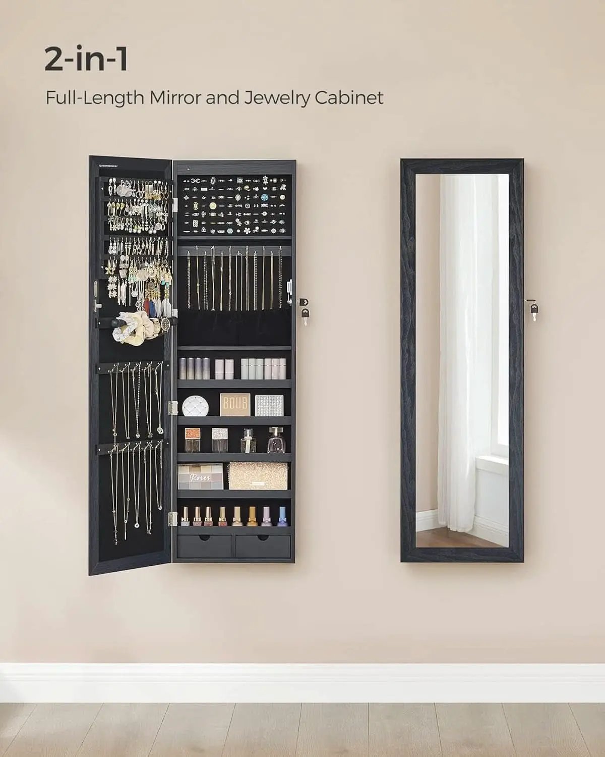 47.2 Inch Tall Black Lockable Mirror Jewelry Cabinet from PriceLows™
