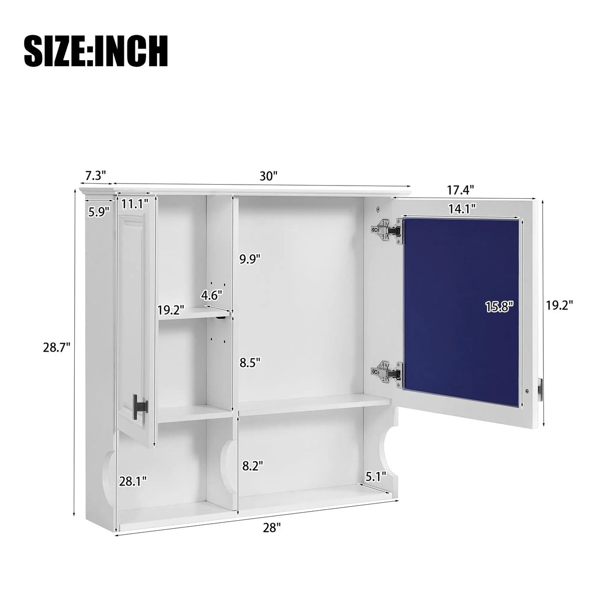 Wall Mounted Mirror Medicine Cabinet | 30 Inch Width | Doors And Open Shelves | Adjustable Shelf