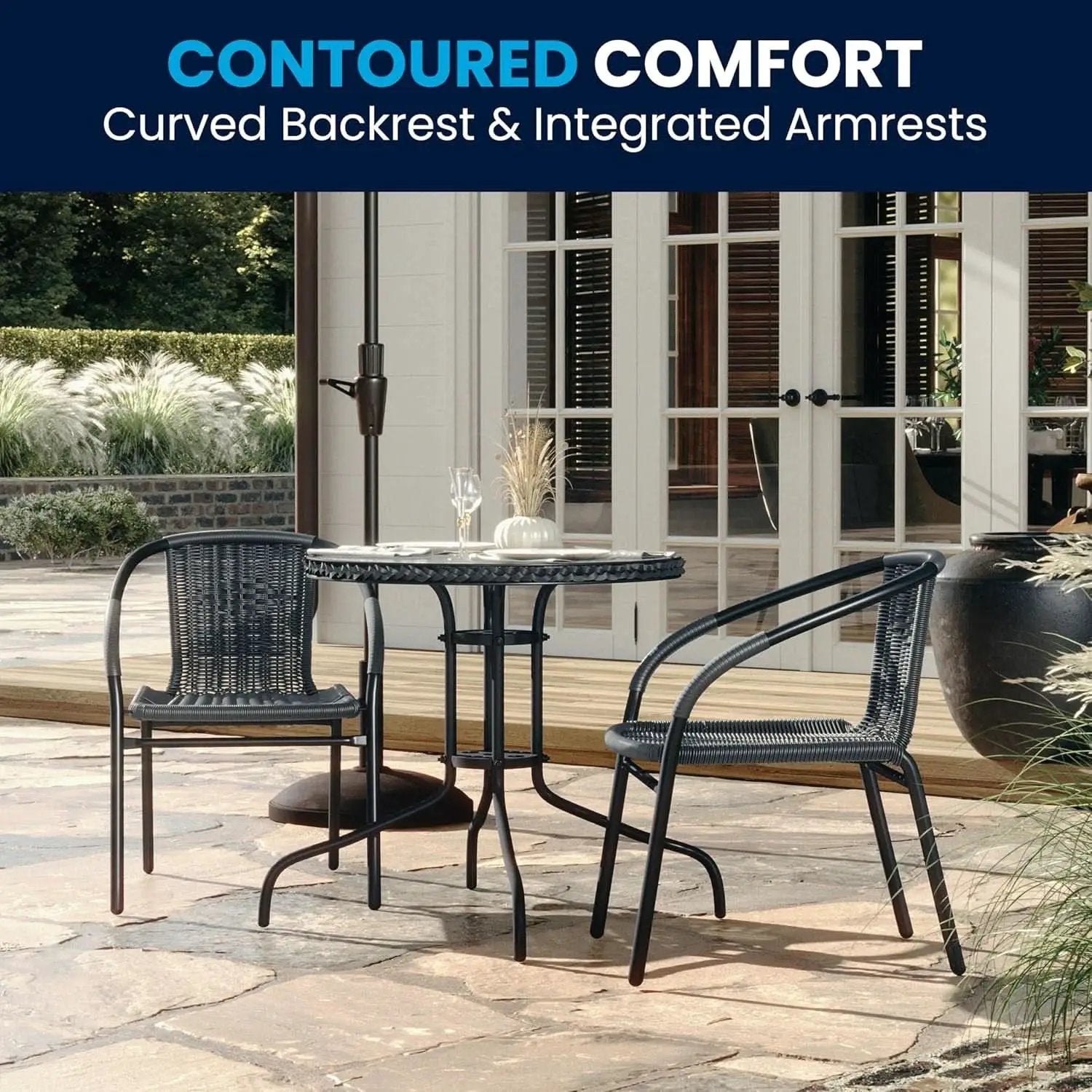 3-Piece Patio Dining Set With Round Glass Table And Stackable Rattan Chairs Gray from PriceLows™