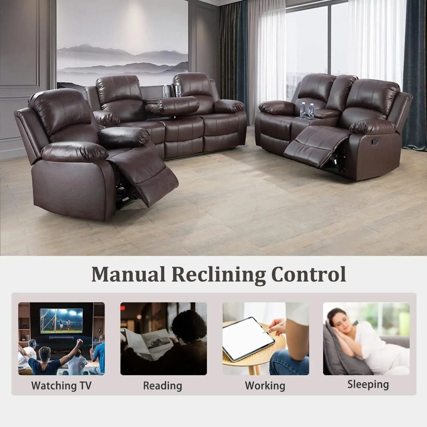 Manual Recliner Sofa Set Brown Three Piece Living Room Furniture from PriceLows™