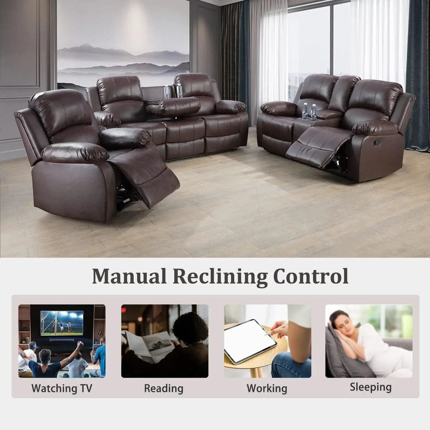 Manual Recliner Sofa Set Brown Three Piece Living Room Furniture from PriceLows™