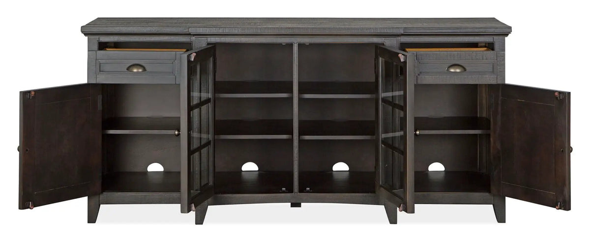 Westley Falls Entertainment Console | Wood Framed Glass Doors | Felt Lined Top Drawers | 70 Inch Width