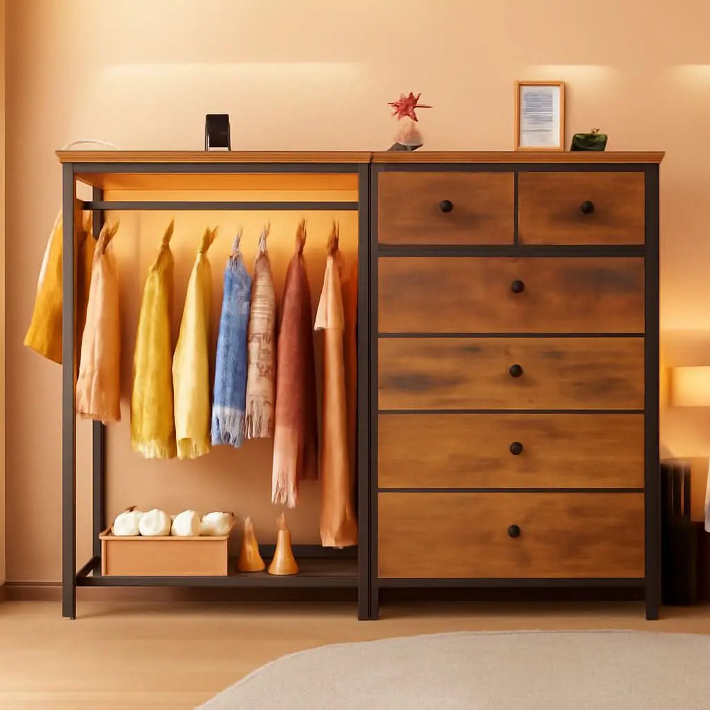 49 Inch Rustic Brown Dresser With Clothes Rack LED Lights from PriceLows™