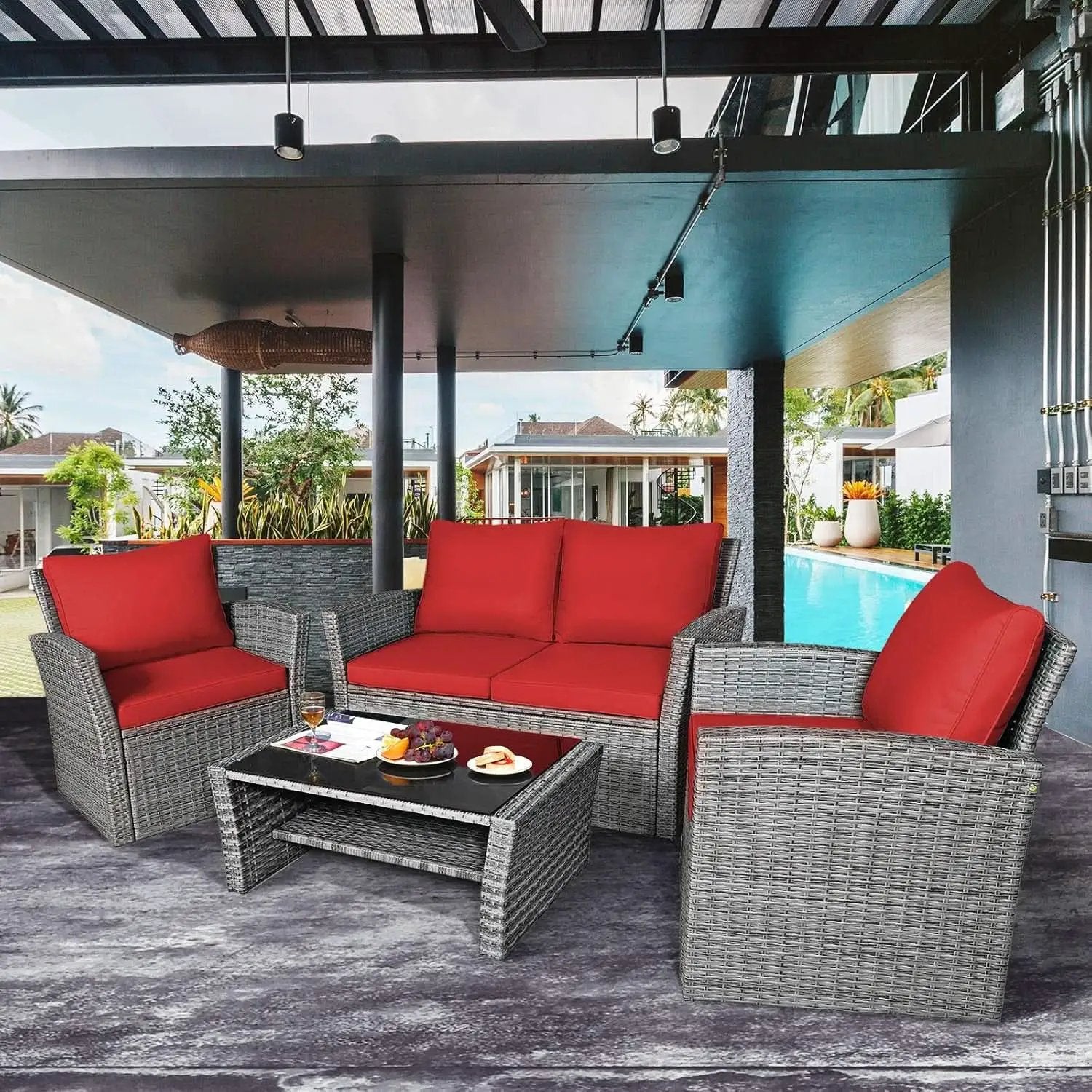 4 Piece All Weather Patio Furniture Set With Cushions And Glass Table from PriceLows™