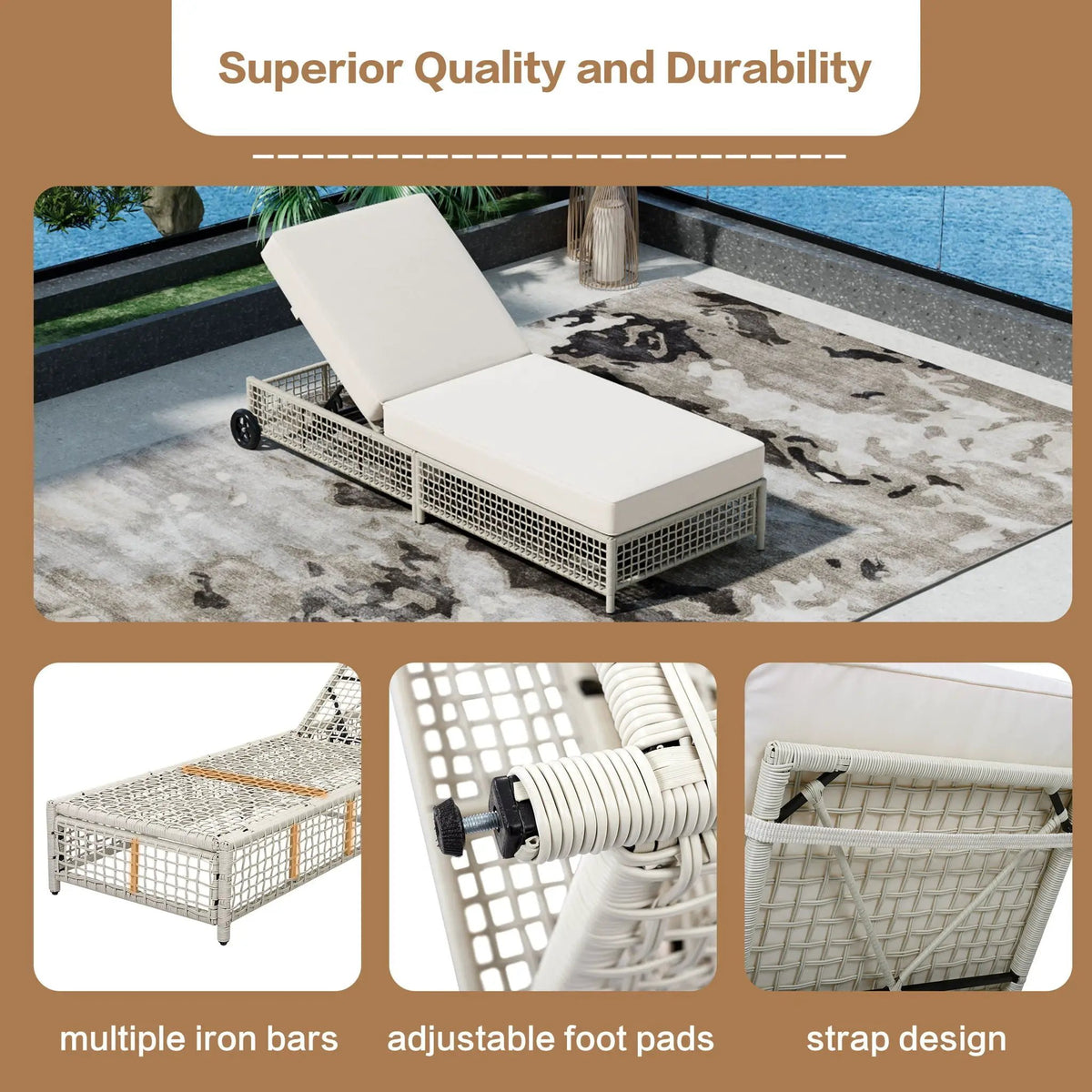 Outdoor Lounge Chair | 5 Position Reclining | Portable Wheels